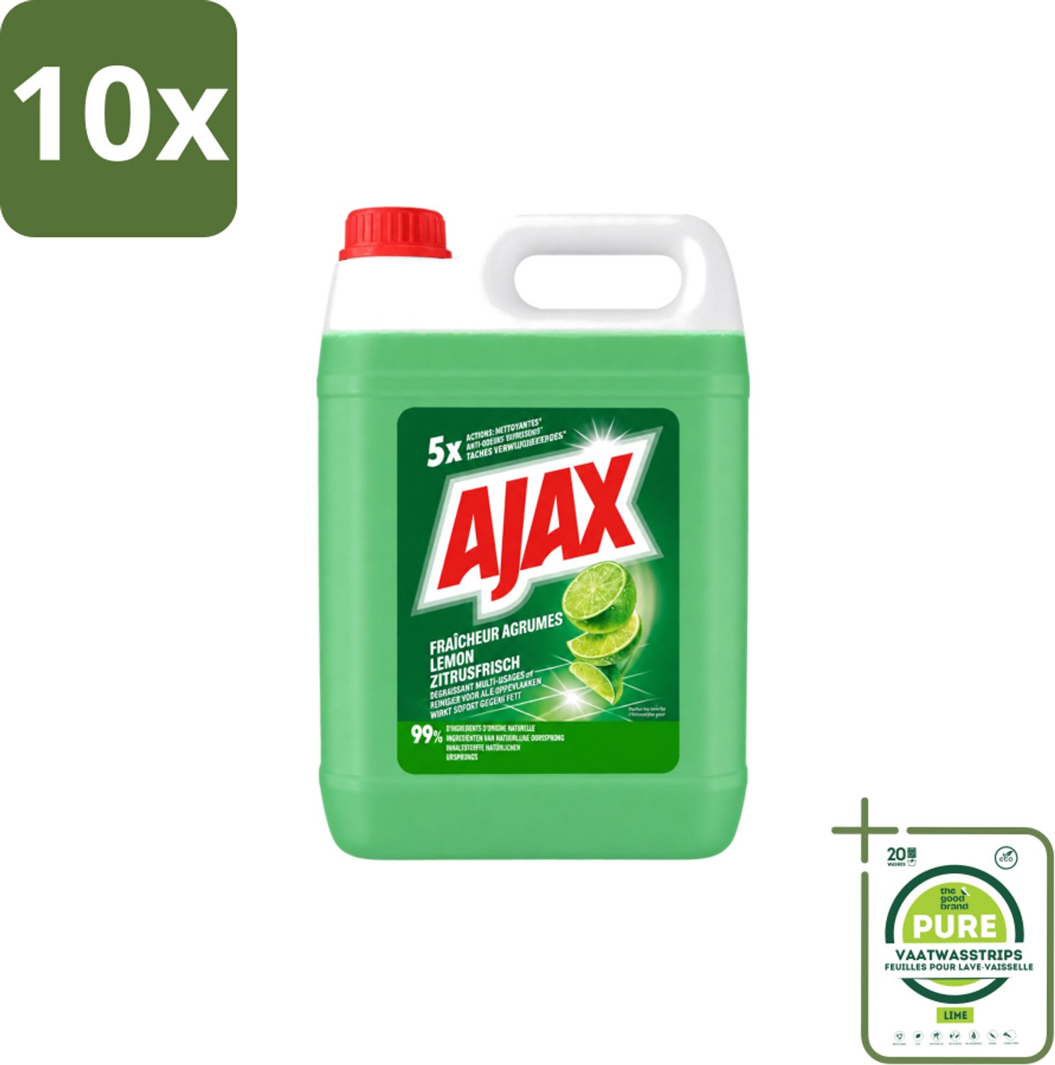 10 x Ajax – Allesreiniger – Limoen – 5000 ml - Grootverpakking - Vaatwasstrips - Allesreiniger Limoen - Krachtige Reiniger - Vet Verwijderen - Frisse Geur - Biologisch Afbreekbaar