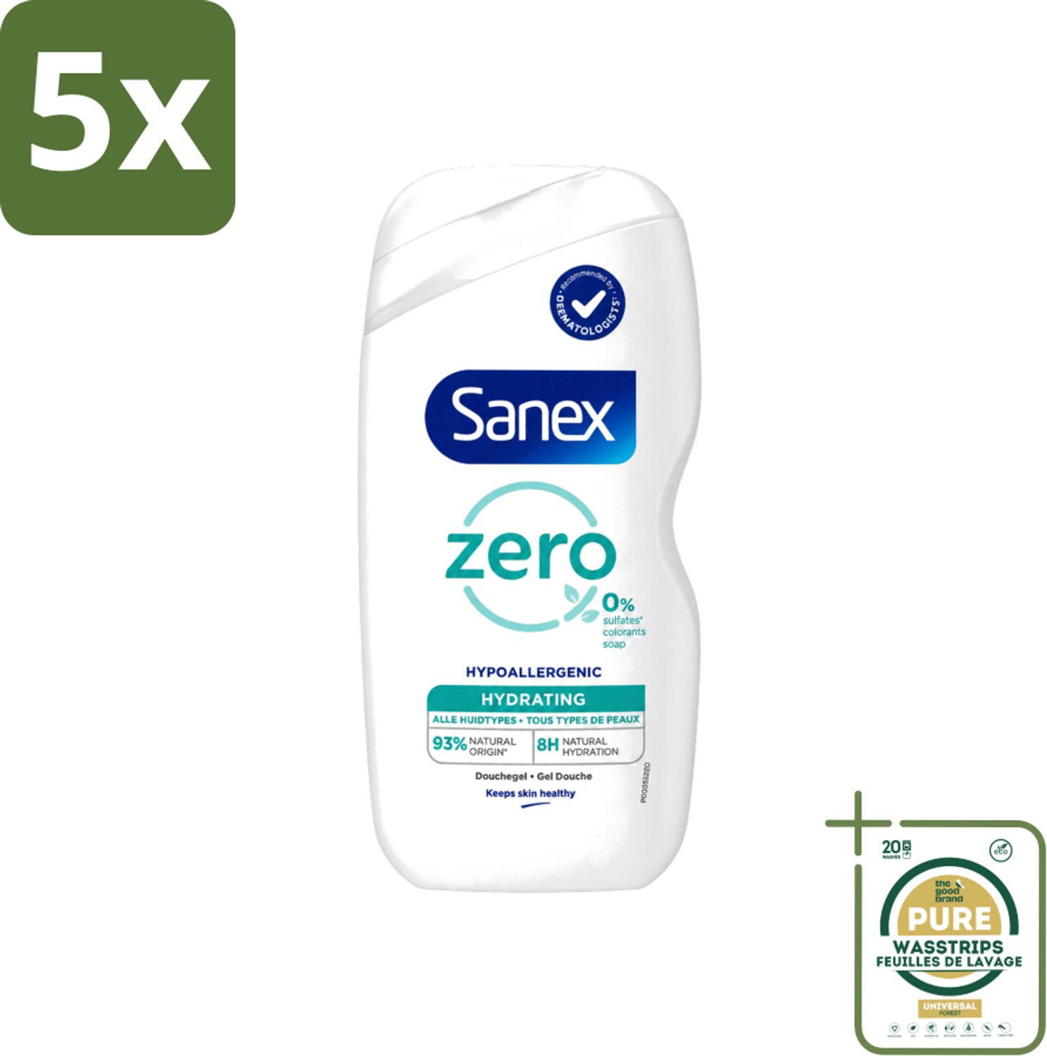 5 x Sanex Zero % - Douchegel - Hydrateert - Alle Huidtypes - 400 ml - Wasstrips - Douchegel - Huidverzorging - Hydraatende Douchegel - 0% Sulfaten - 0% Kleurstoffen