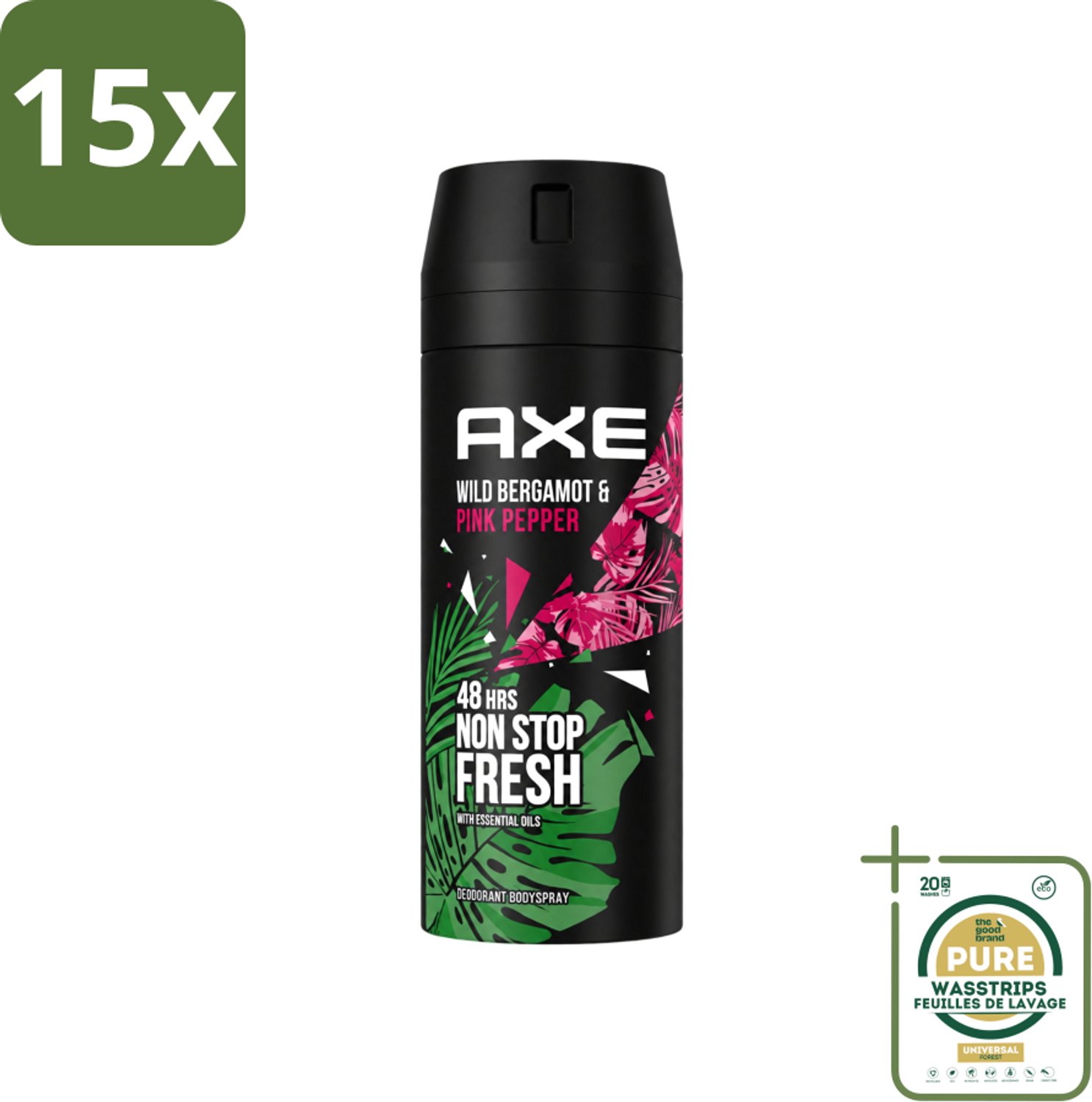 15 x Axe - Deodorant Bodyspray - 48hrs Fresh - Wild Bergamot & Pink Pepper - 150 ml - Wasstrips - 48 Uur Bescherming - Zweetbestendig - Geurbestendig - Bergamot - Roze Peper