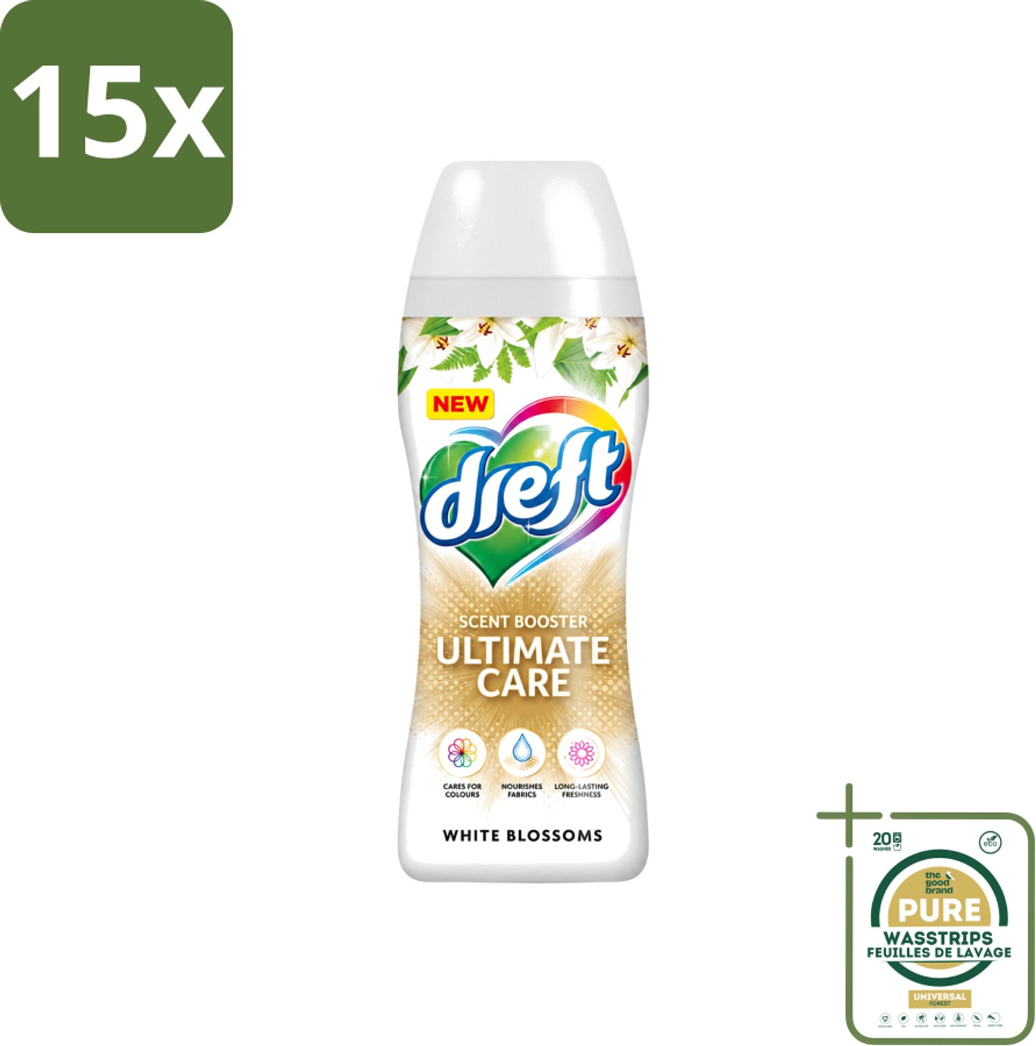 15 x Dreft - Ultimate Care - Wasverzachter - Geurbooster - Gekleurde Was - Witte Bloem - 15 Wasbeurten - Wasstrips - Wasmiddel - Geurbooster - Kleurbescherming - Wasverzachter - Vezelverzorging