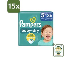 15 x Pampers – Luiers – Baby-Dry Maat 5+ (12-17 kg) – 36 Luiers - Wasstrips - Baby-luiers - Droge Huid - Droogheid - Absorberende Luiers - Baby Droogheid