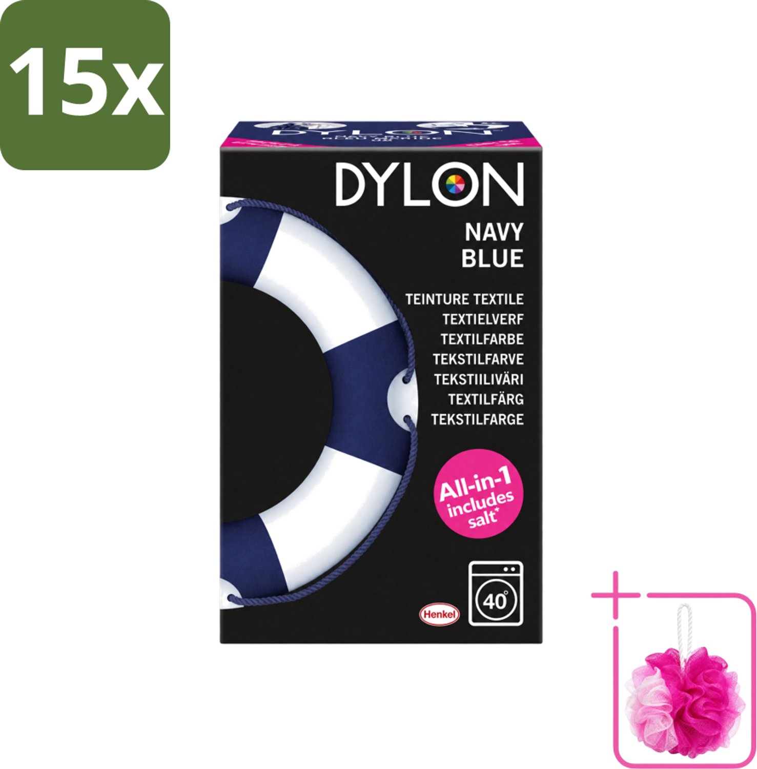 15 x Dylon - Textielverf - Navy Blue - All-in-One - Inclusief Zout - 350g - Bulkverpakking - Textielverf - Douchemop - Kleding verven