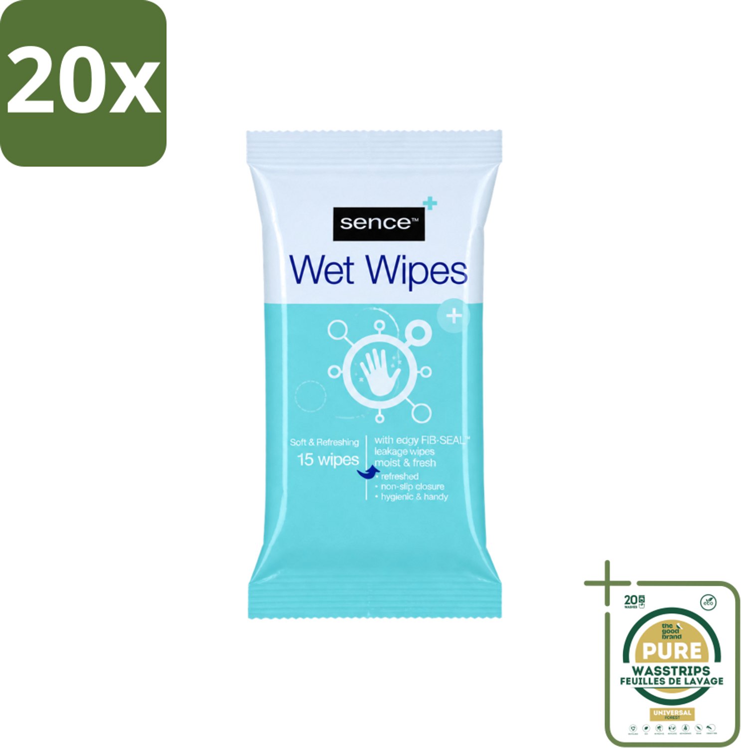 20 x Sence - Vochtige Doekjes - Hersluitbare Verpakking - 15 Doekjes - Wasstrips - Vochtige Doekjes - Handdoek - Gezichtsdoek - Reinigingsdoek - Handdoek Voor Gezicht