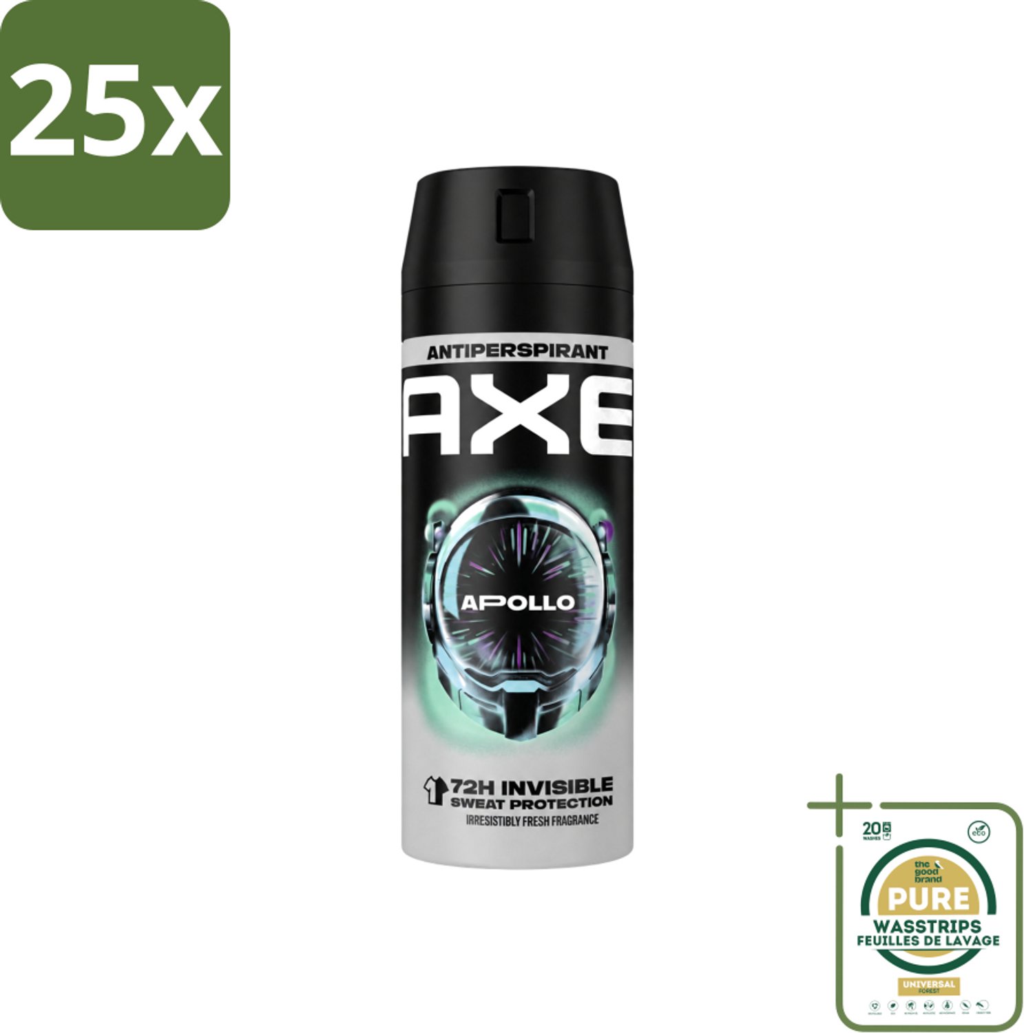 25 x Axe - Deodorant Spray - 72hrs Anti Sweat - Apollo - 150 ml - Wasstrips - Anti Transpirant Spray - Zweetbestendig - 72 Uur Bescherming - Geur Groen Fruit - Geur Sandelhout