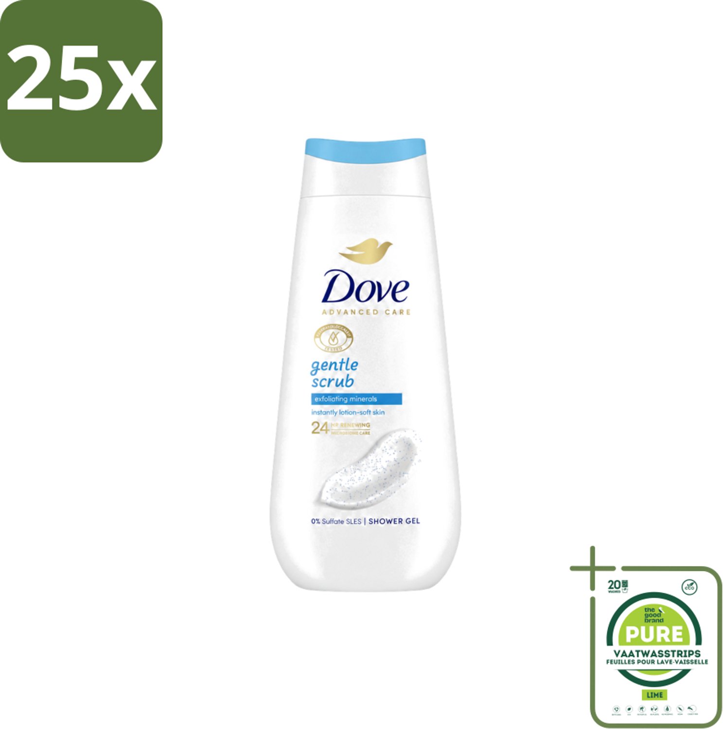 25 x Dove – Douchegel – Advanced Care Gentle Scrub – 225 ml - Grootverpakking - Vaatwasstrips - Douchegel - Exfoliatie - Huidverzorging - Zachte Douchegel - Schuim