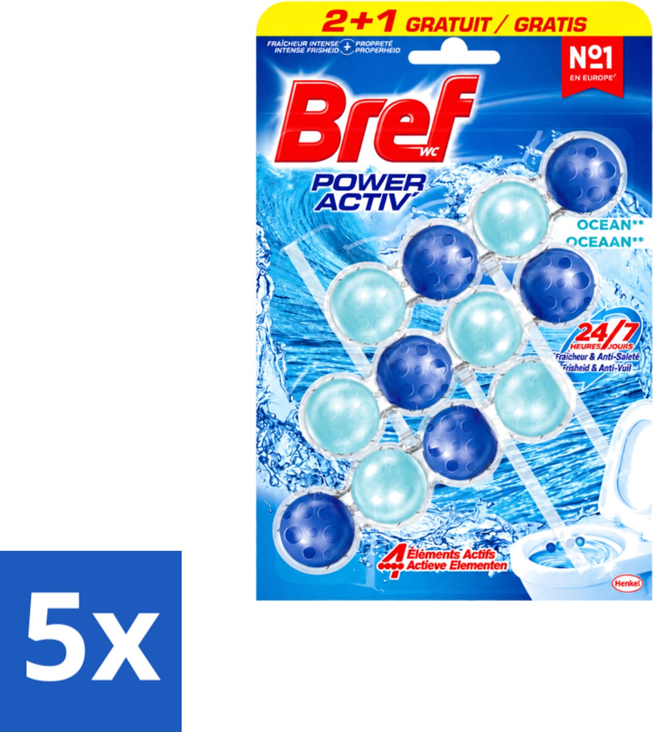 5 x Bref – Toiletblok – Power Aktiv Ocean – Multipack - Voordeelverpakking - 5 stuks