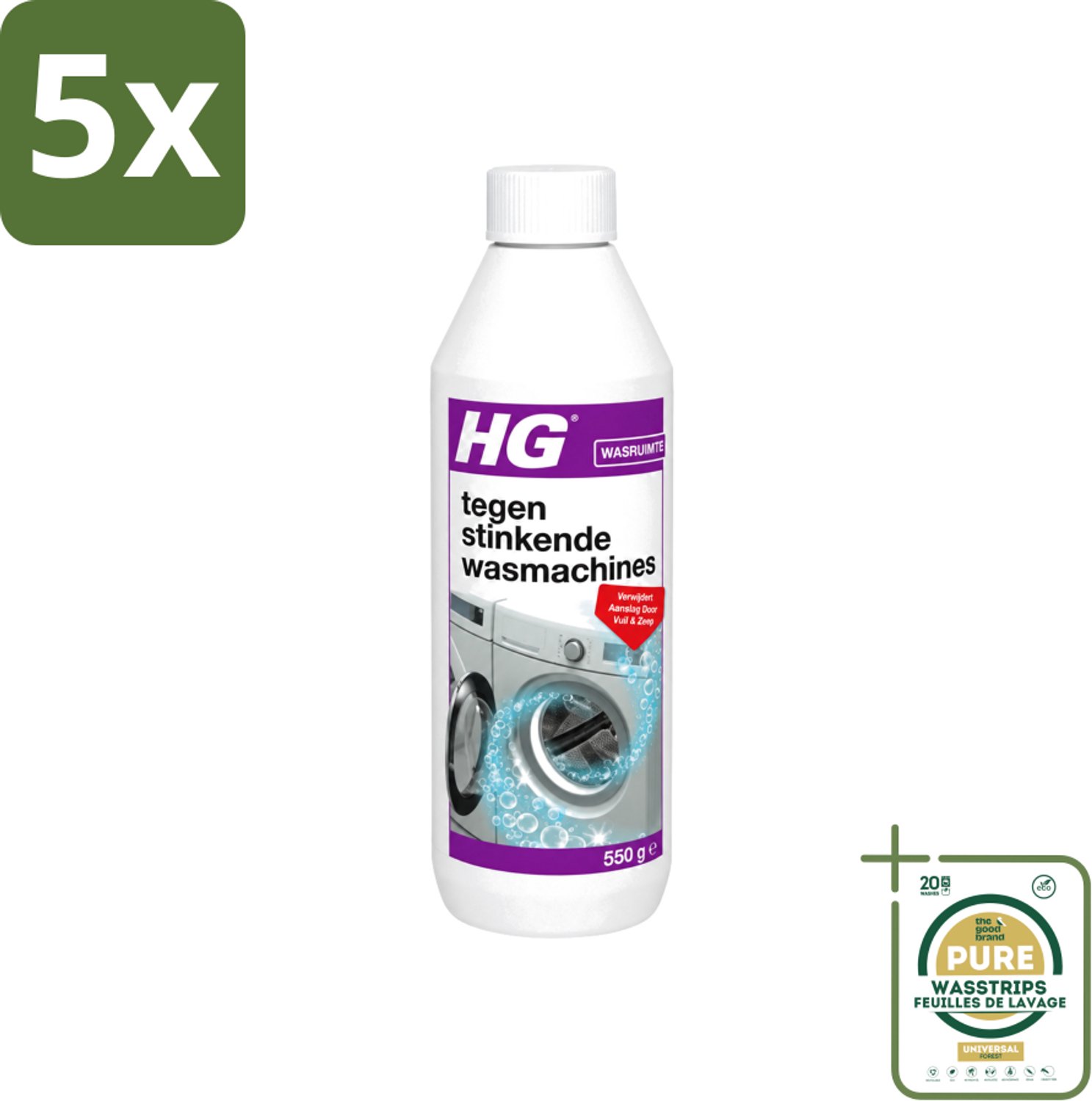 5 x HG - Tegen Stinkende Was - Verwijdert Aanslag Door Vuil & Zeep - 550 g - Wasstrips - Wasmachine Reiniger - Stinkende Wasmachine - Wasmachine Aanslag - Wasmachine Vuil - Wasmachine Geur