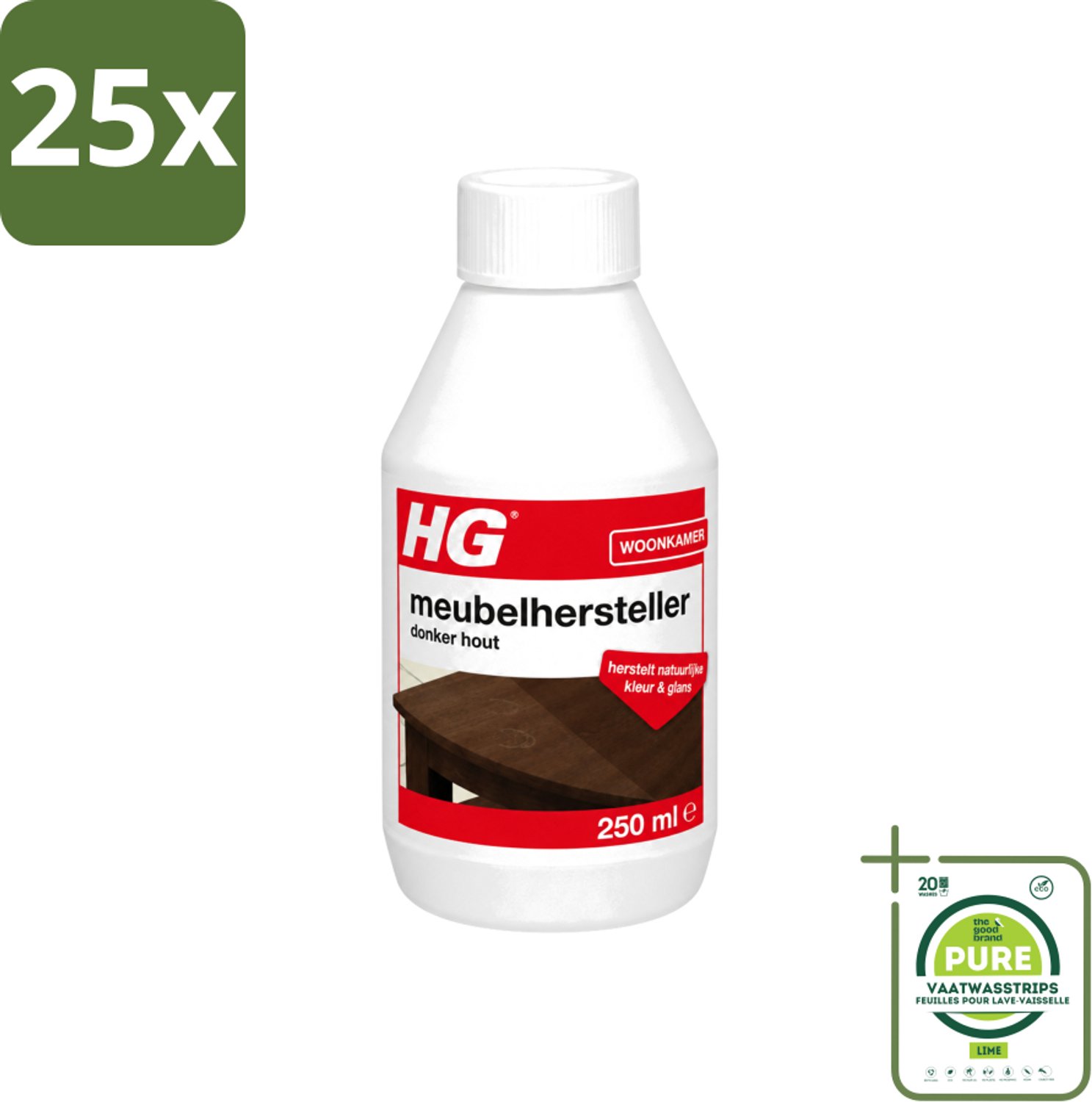 25 x HG - Meubelhersteller - Donker Hout - Herstelt Natuurlijke Kleur & Glans - 250 ml - Grootverpakking - Vaatwasstrips - Meubelhersteller - Donker Hout - Herstel Krassen - Herstel Vlekken - Herstel Waterkringen