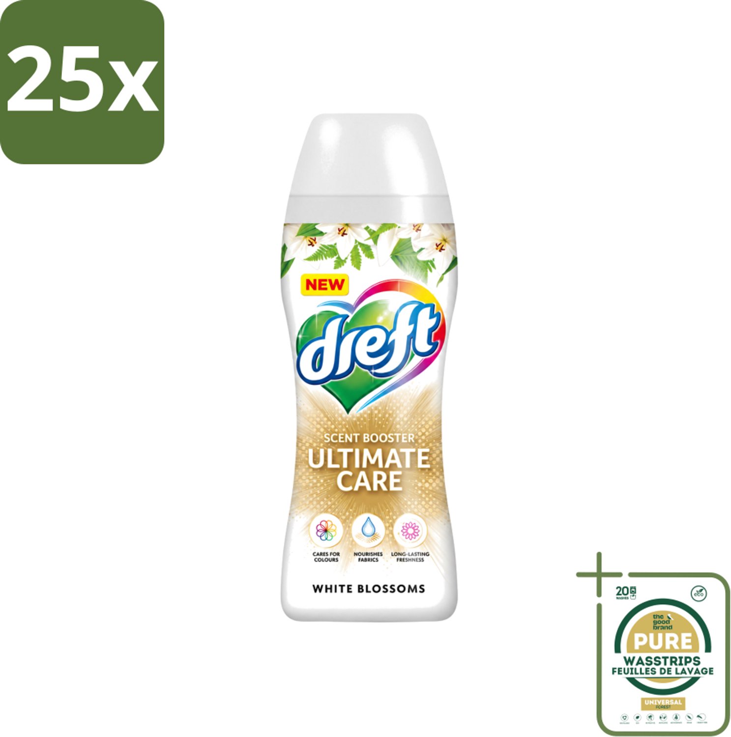 25 x Dreft - Ultimate Care - Wasverzachter - Geurbooster - Gekleurde Was - Witte Bloem - 15 Wasbeurten - Wasstrips - Wasmiddel - Geurbooster - Kleurbescherming - Wasverzachter - Vezelverzorging