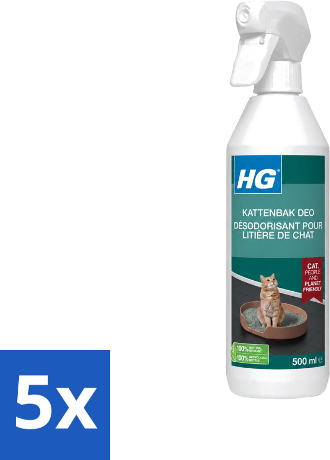 5 x HG - Kattenbak Deo - Neutraliseert Geuren - 100% Biologisch - 500 ml - Voordeelverpakking - 5 stuks