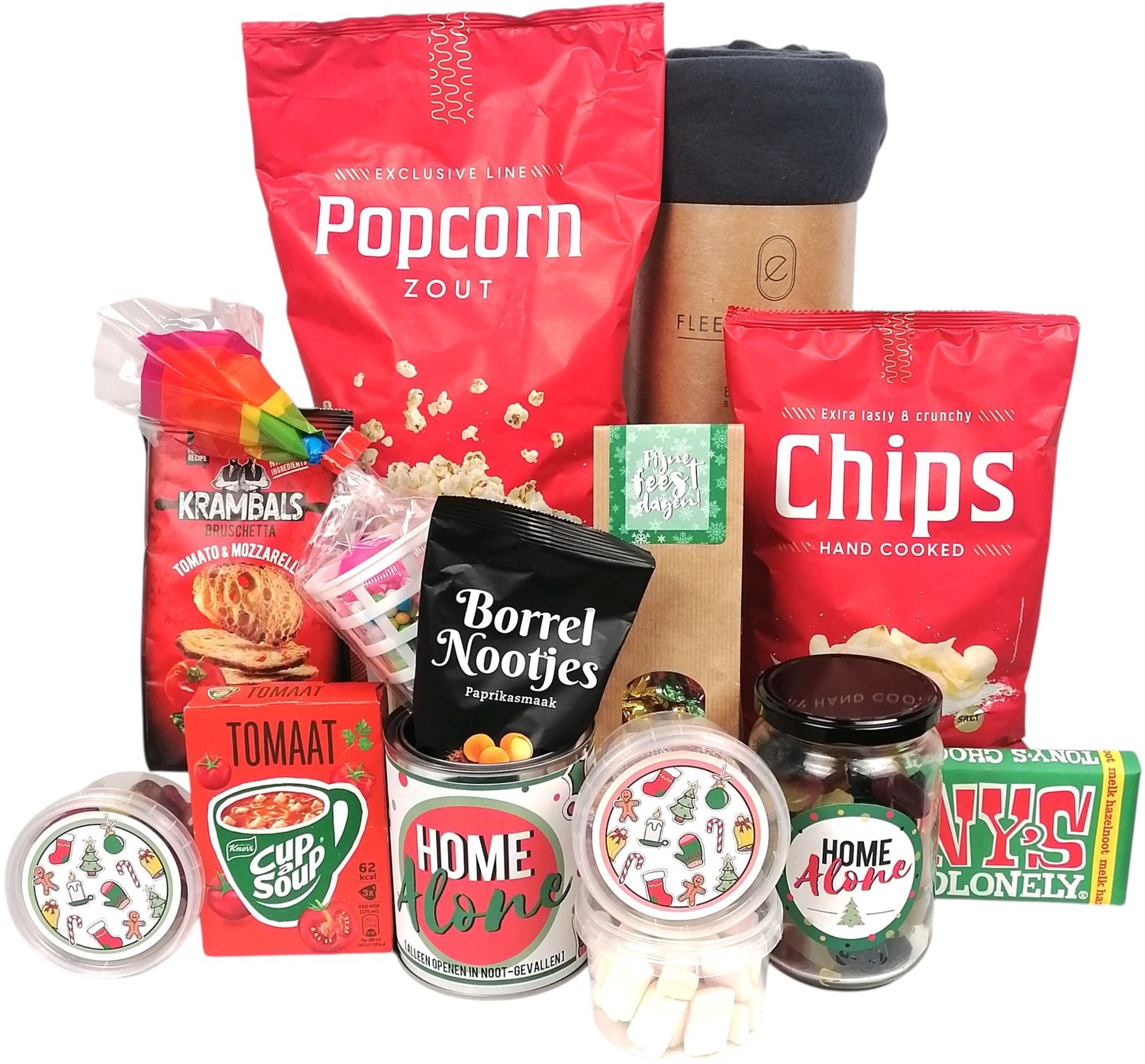 Uniek Kerstpakket | "Home Alone" | Compleet Relax pakket | Inclusief Fleece deken, Popcorn & film snacks | Chocolade & snoep | Relatiegeschenk mannen & vrouwen | Origineel kerstgeschenk - geïnspireerd op de film |