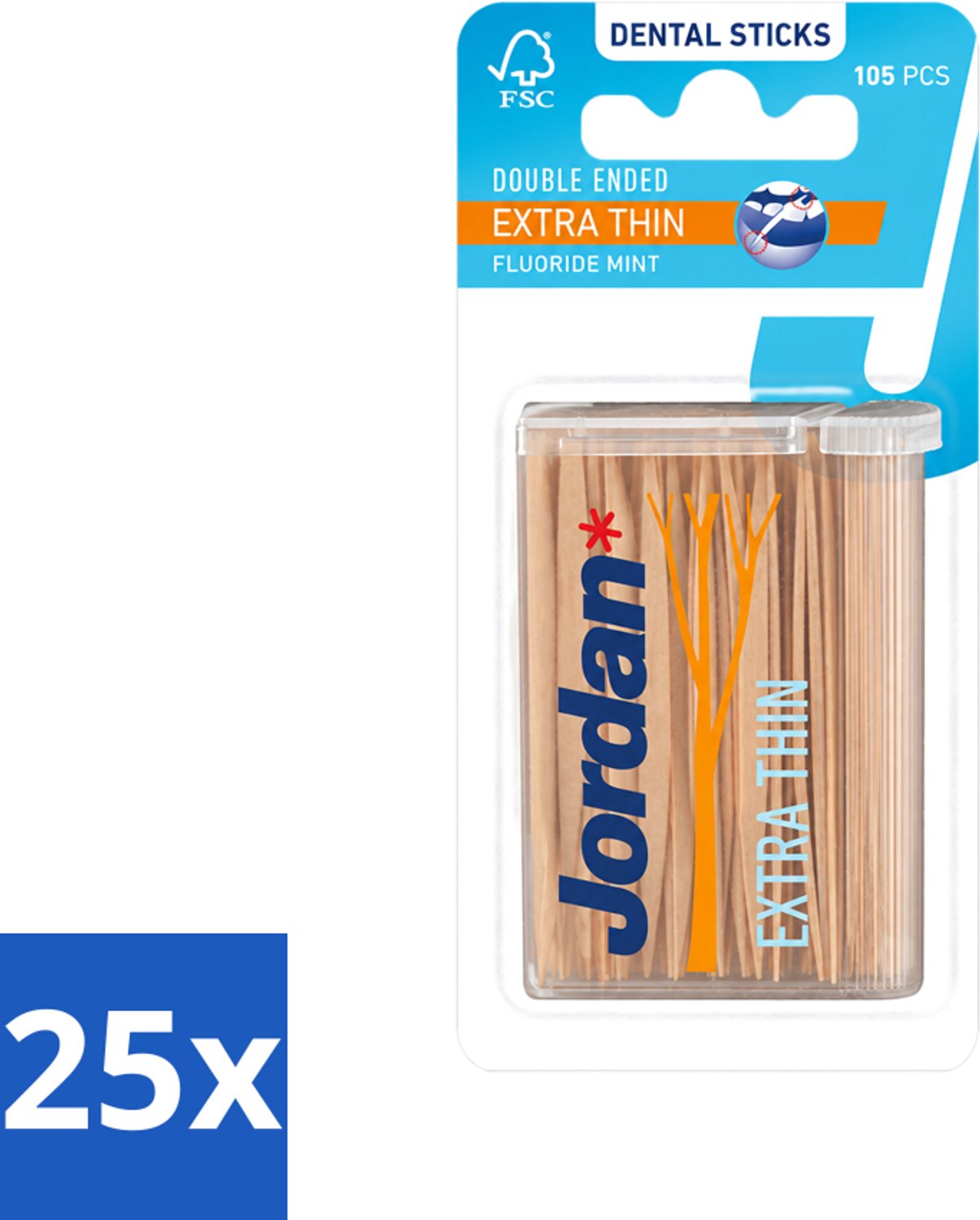 25 x Jordan - Dental Sticks - Extra dunne tandenstokers - 105 Stokers - Voordeelverpakking - 25 stuks