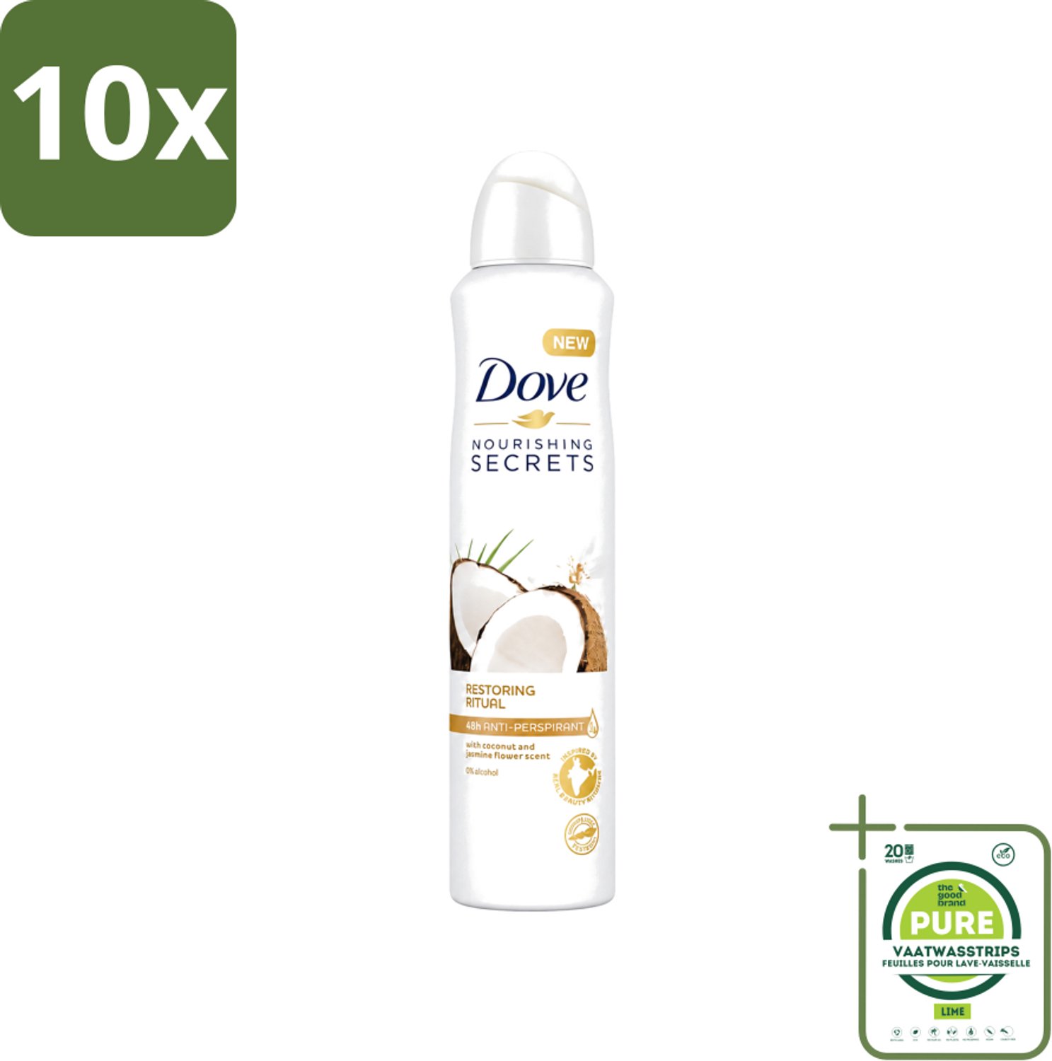 10 x Dove - Deodorant - Coconut & Jasmine Flower - Tropisch en verzorgend - 250 ml - Grootverpakking - Vaatwasstrips - Deodorant Spray - Kokos En Jasmijn - Zachte Oksels - Anti-transpirant Spray - Fris Gevoel