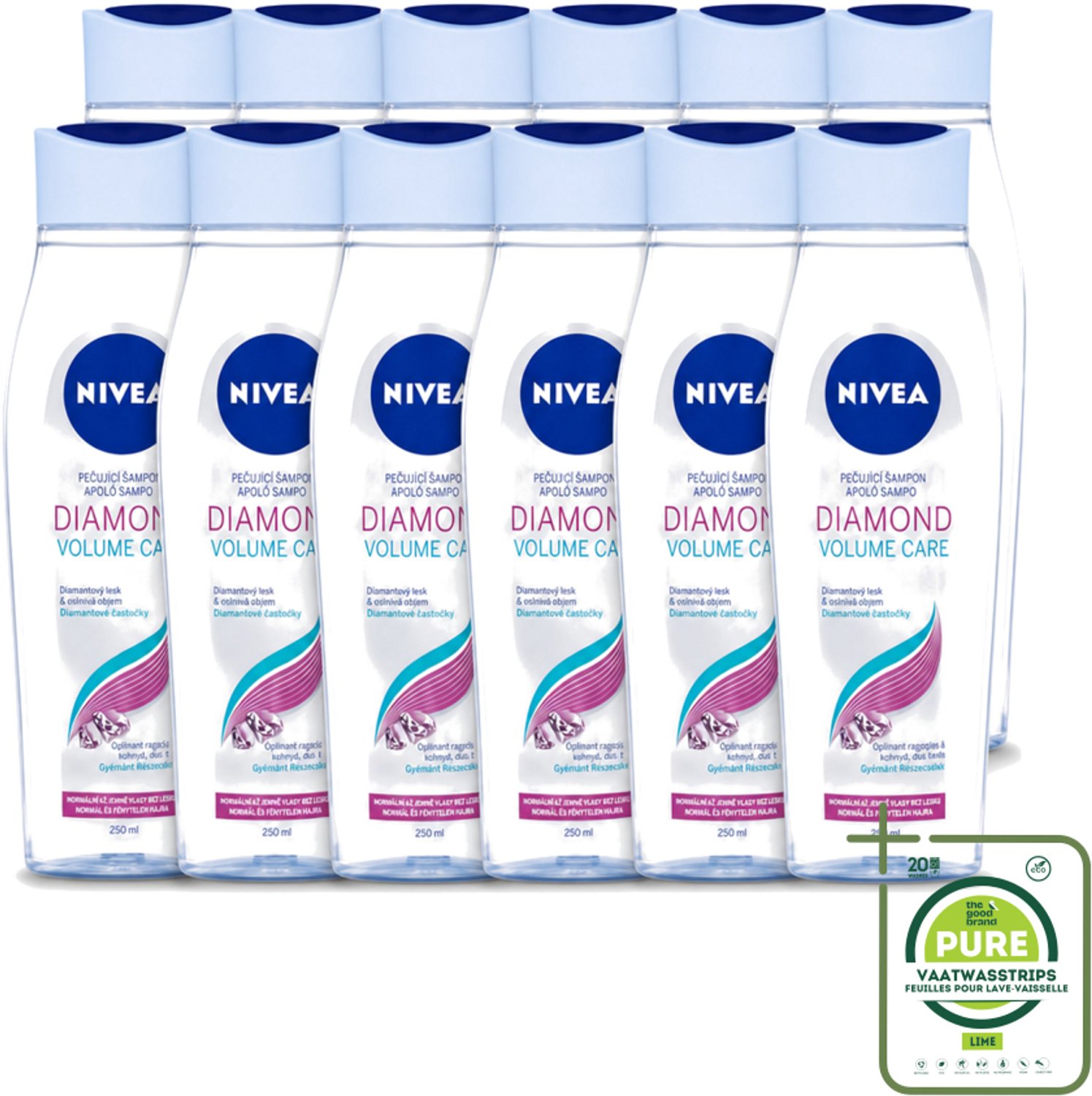 12 x Nivea - Diamond Volume Care Shampoo - 250 ml - Grootverpakking - Vaatwasstrips - Volume Haar - Glans Haar - Diamantpoeder - Verzorging Haar - Natuurlijke Glans