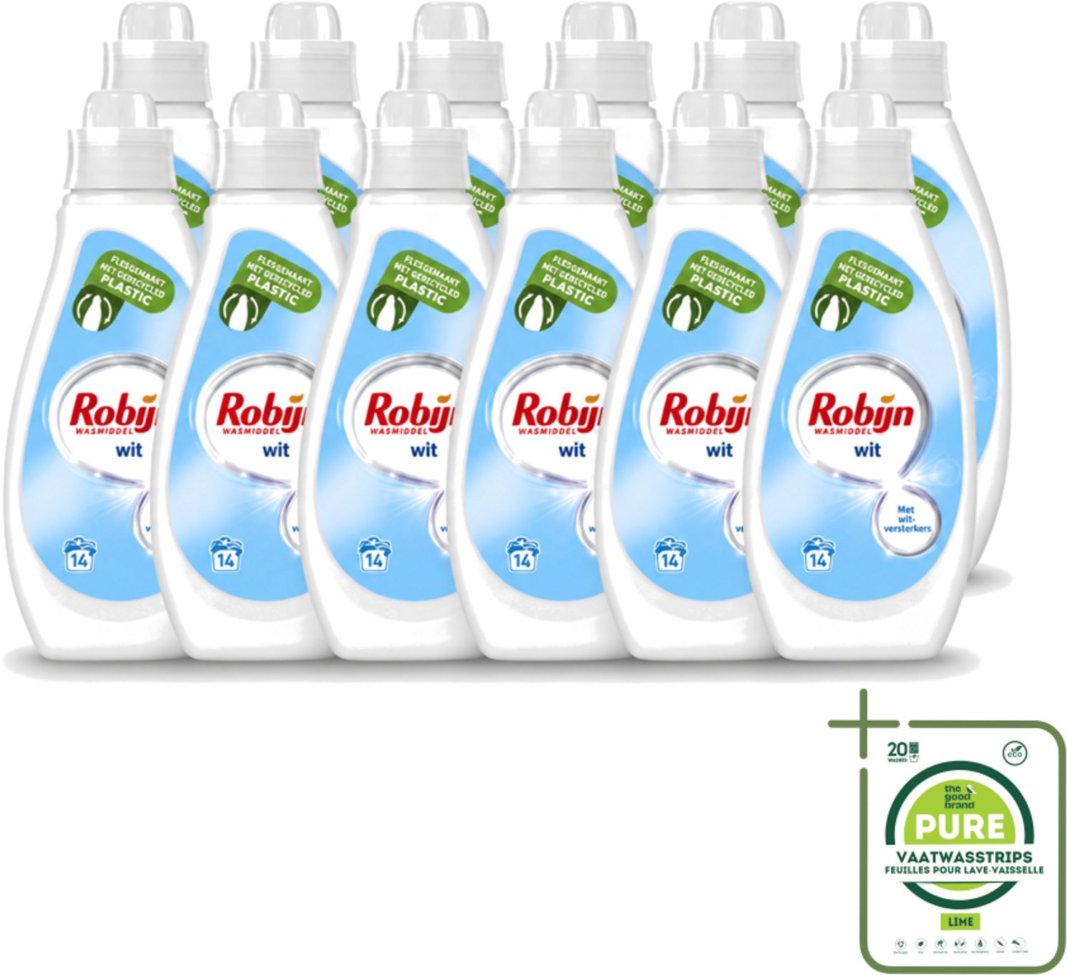12 x Robijn - Wit - Vloeibaar Wasmiddel - Met Witversterkers - 14 Wasbeurten - 700 ml - Grootverpakking - Vaatwasstrips - Wit Wasmiddel - Stralend Wit - Wasverzachter - Frisse Geur - Witversterker