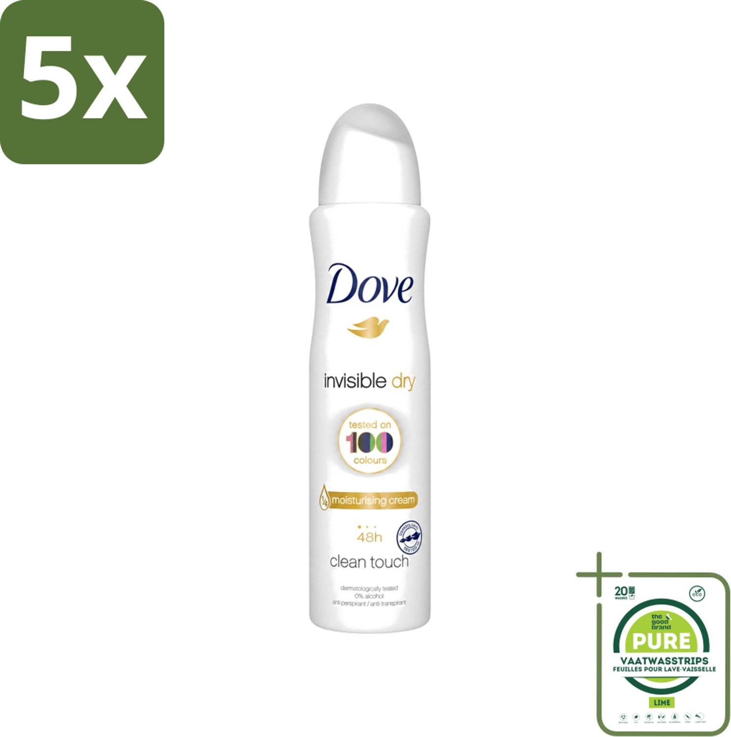 5 x Dove - Deodorant - Invisible Dry - Onzichtbare bescherming - 250 ml - Grootverpakking - Vaatwasstrips - Onzezichtbare Deodorant - Zweet En Geur - Vlekken Op Kleding - Huidbescherming - Alcoholvrije Deodorant