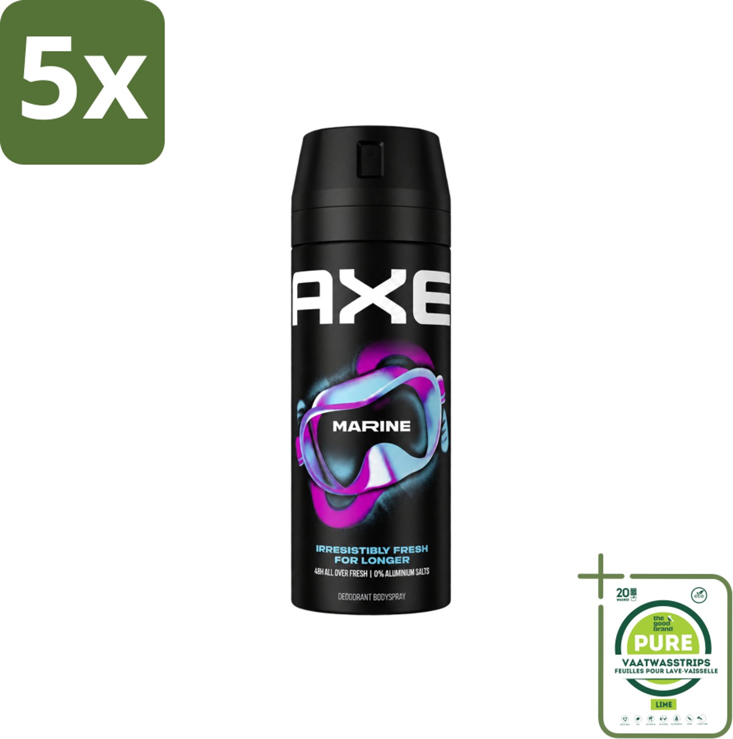 5 x Axe - Deodorant Bodyspray - 100% Fresh Fragrance - Marine - Sea Breeze & Sage - 150 ml - Grootverpakking - Vaatwasstrips - Zeebries - Salie - Deodorant - Bodyspray - Geur