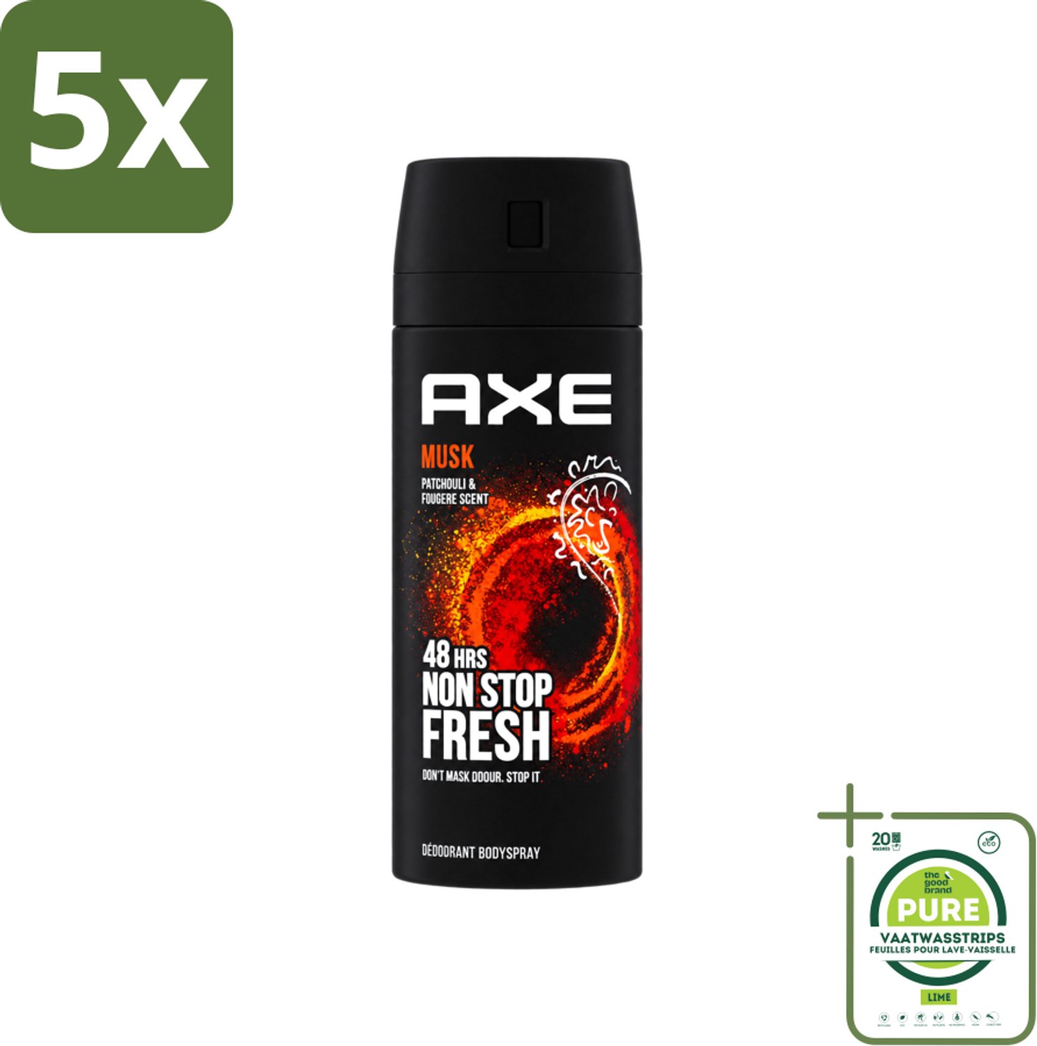 5 x Axe - Deodorant Bodyspray - 48hrs Non Stop Fresh - Musk - Patchouli & Fougere - 150 ml - Grootverpakking - Vaatwasstrips - Axe Musk Deodorant - Deospray Musk - Musk Geur - Deodorant Bodyspray - Geur Bescherming
