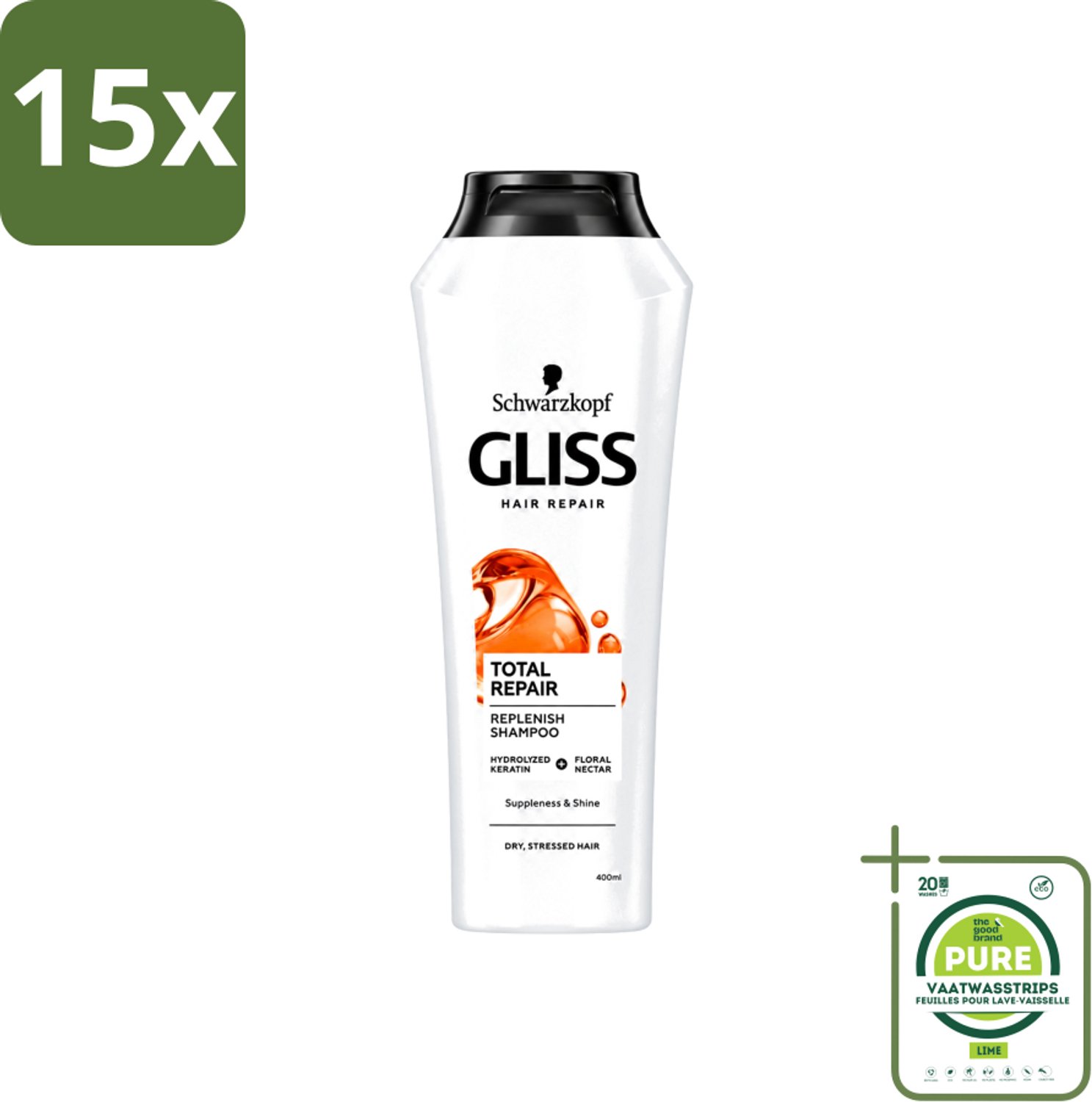 15 x Gliss-Kur - Shampoo - Total Repair - Herstelt & Versterkt - Gehydroliseerd - 400 ml - Grootverpakking - Vaatwasstrips - Haar Herstellen - Haar Versterken - Haar Verzorgen - Haar Hydrateren - Haar Beschermen