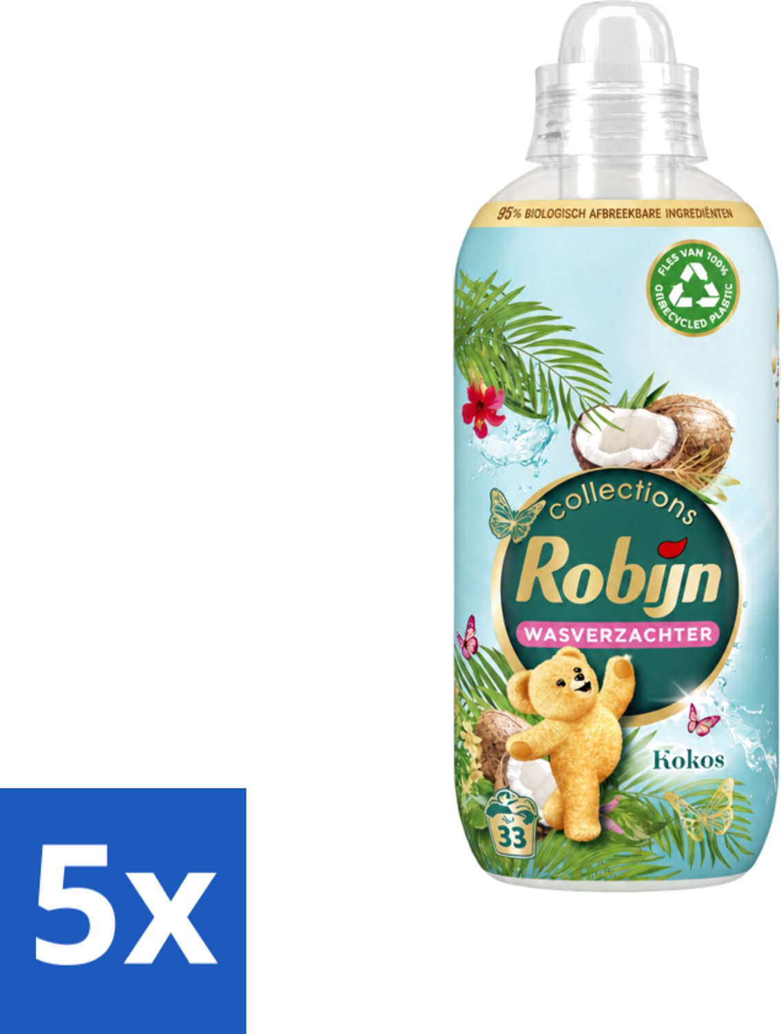 5 x Robijn - Kokos Sensation - Wasverzachter - Tropische Geur - 33 Wasbeurten - 825 ml - Voordeelverpakking - 5 stuks