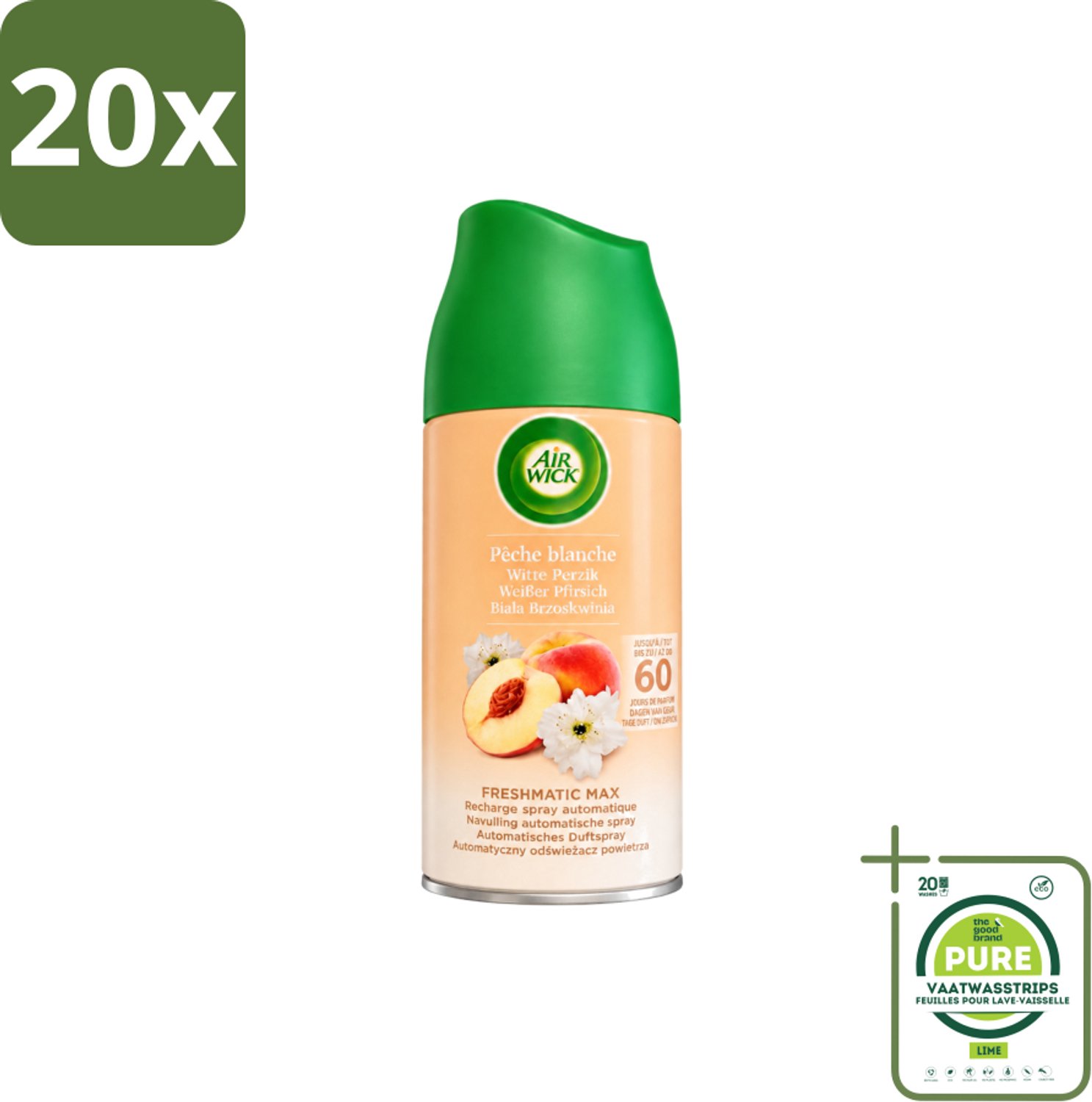 20 x Air Wick - Luchtverfrisser Navulling - Witte Perzik - Automatische Spray - 250 ml - Grootverpakking - Vaatwasstrips - Luchtverfrisser - Geurverspreiding - Witte Perzik - Geurintensiteit - Freshmatic