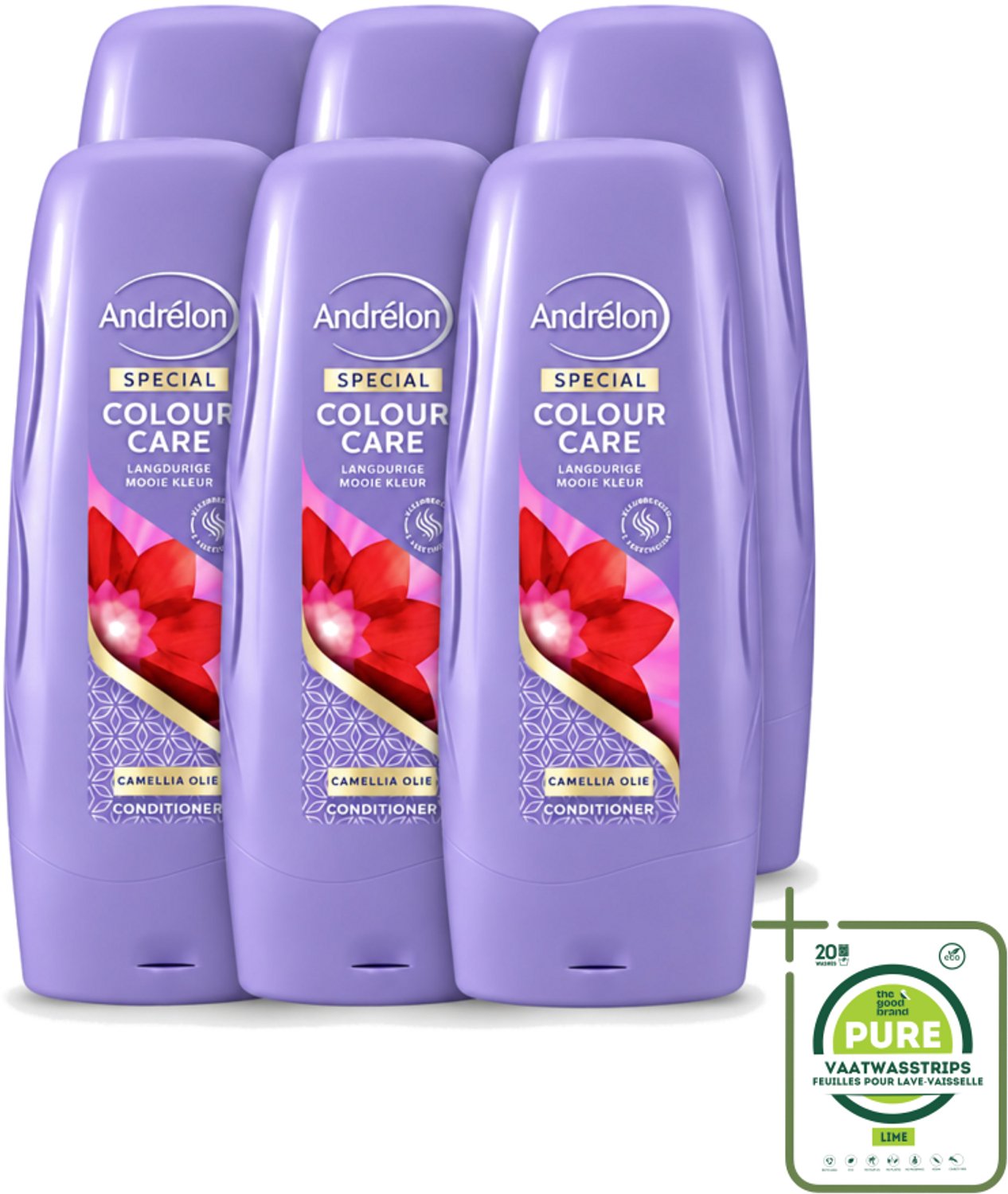 6 x Andrélon - Colour Care - Camellia Olie - Conditioner - Kleurbehoud - 300 ml - Grootverpakking - Vaatwasstrips - Kleurbehoud - Haarkleur - Haarverzorging - Camellia-olie - Sulfaatvrije Conditioner