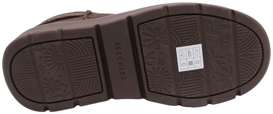 Bruine Skechers zool met bloemenpatroon, merkopdruk in het midden en een klein productlabel.