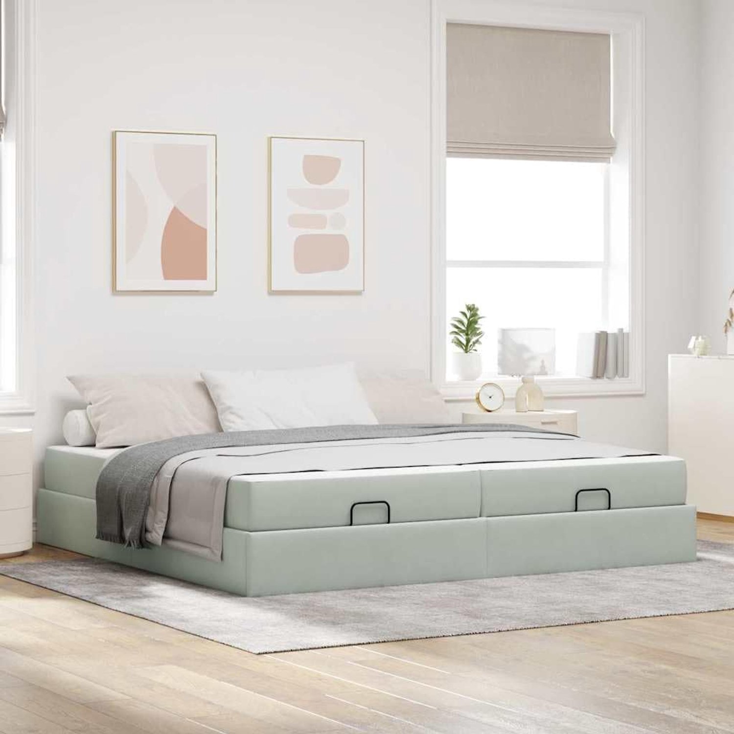 Bedframe met matras, 2 stuks, lichtgrijs fluweel, schuimmatras met hoge dichtheid voor optimaal slaapcomfort, elegante fluwelen afwerking, geïntegreerde opbergoplossingen