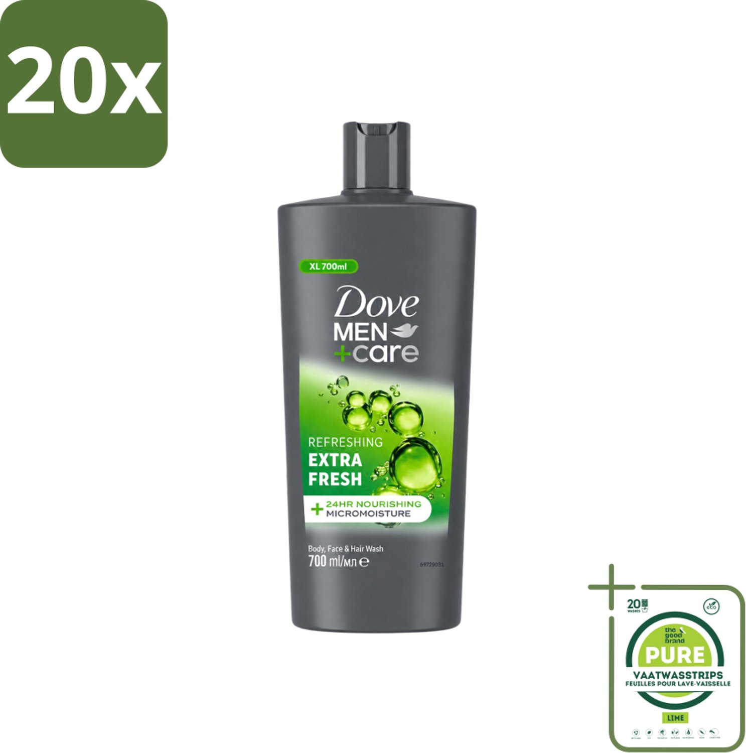 20 x Dove Men+Care - Extra Fresh - Douchegel 3-in-1 - Verzorgend - 700 ml - Grootverpakking - Vaatwasstrips - Douchegel Voor Mannen - Verfrissende Douche - Hydraterende Douche - Gezichtsproduct Voor Mannen - Haarproduct Voor Mannen
