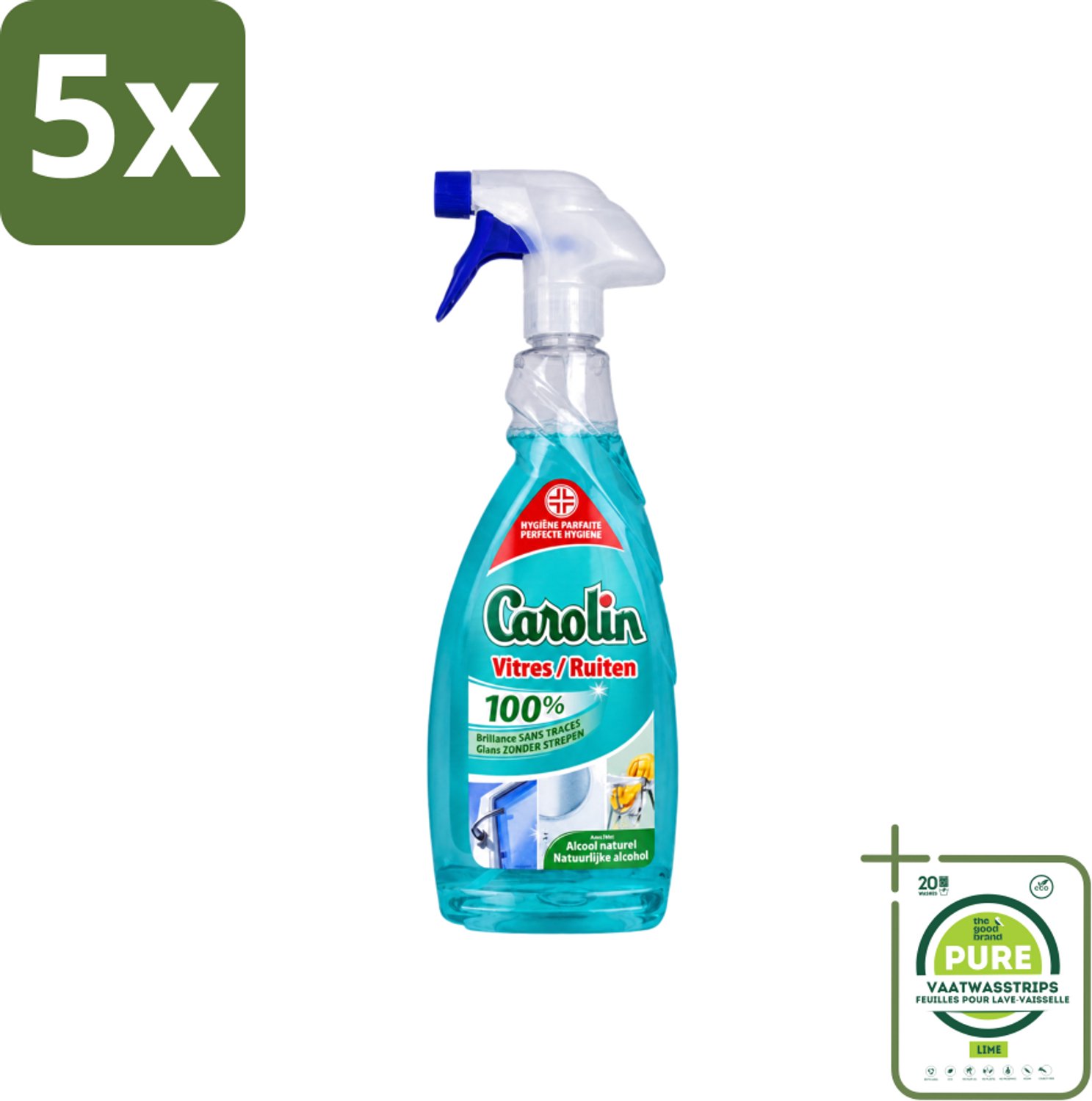 5 x Carolin - Glas- en Ruitenreiniger - Met Natuurlijke Alcohol - 650 ml - Grootverpakking - Vaatwasstrips - Glas Reinigen - Ruiten Reinigen - Glas Reiniger - Ruiten Reiniger - Natuurlijke Alcohol