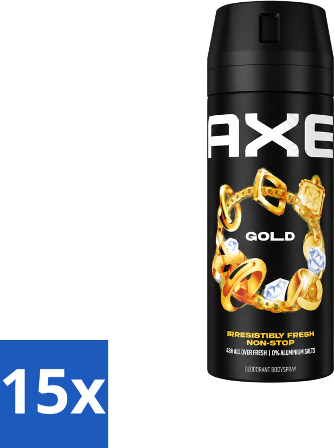15 x Axe - Deodorant Bodyspray - 48hrs Fresh - Gold - Oud Wood & Fresh Vanilla - 150 ml - Voordeelverpakking - 15 stuks