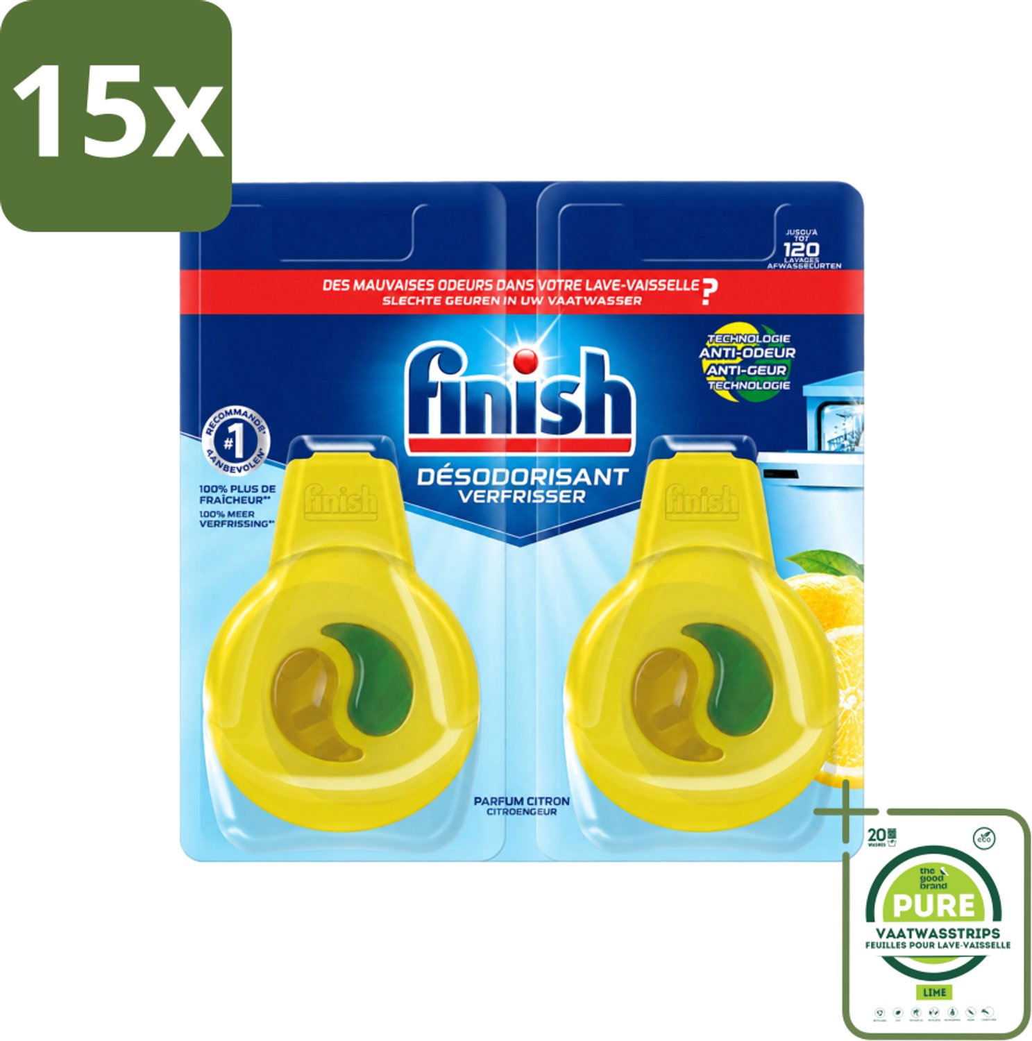 15 x Finish Deo Odorstop - Vaatwasverfrisser - Citroen Parfum - Anti-geur - Tot 120 Afwasbeurten - Grootverpakking - Vaatwasstrips - Vaatwasverfrisser - Geurbeheersing - Citroengeur - Anti-geur - Vaatwasser Geur