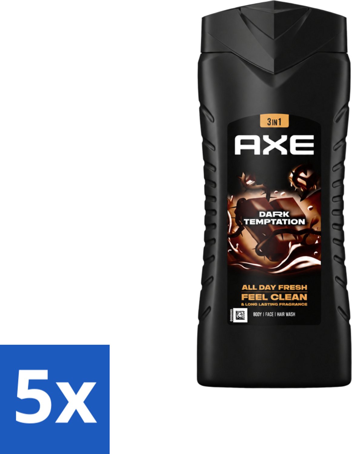 5 x Axe XL - 3-in-1 Douchegel - Dark Temptation - Dark Chocolate - 12hrs Long Lasting Scent - 400 ml - Voordeelverpakking - 5 stuks