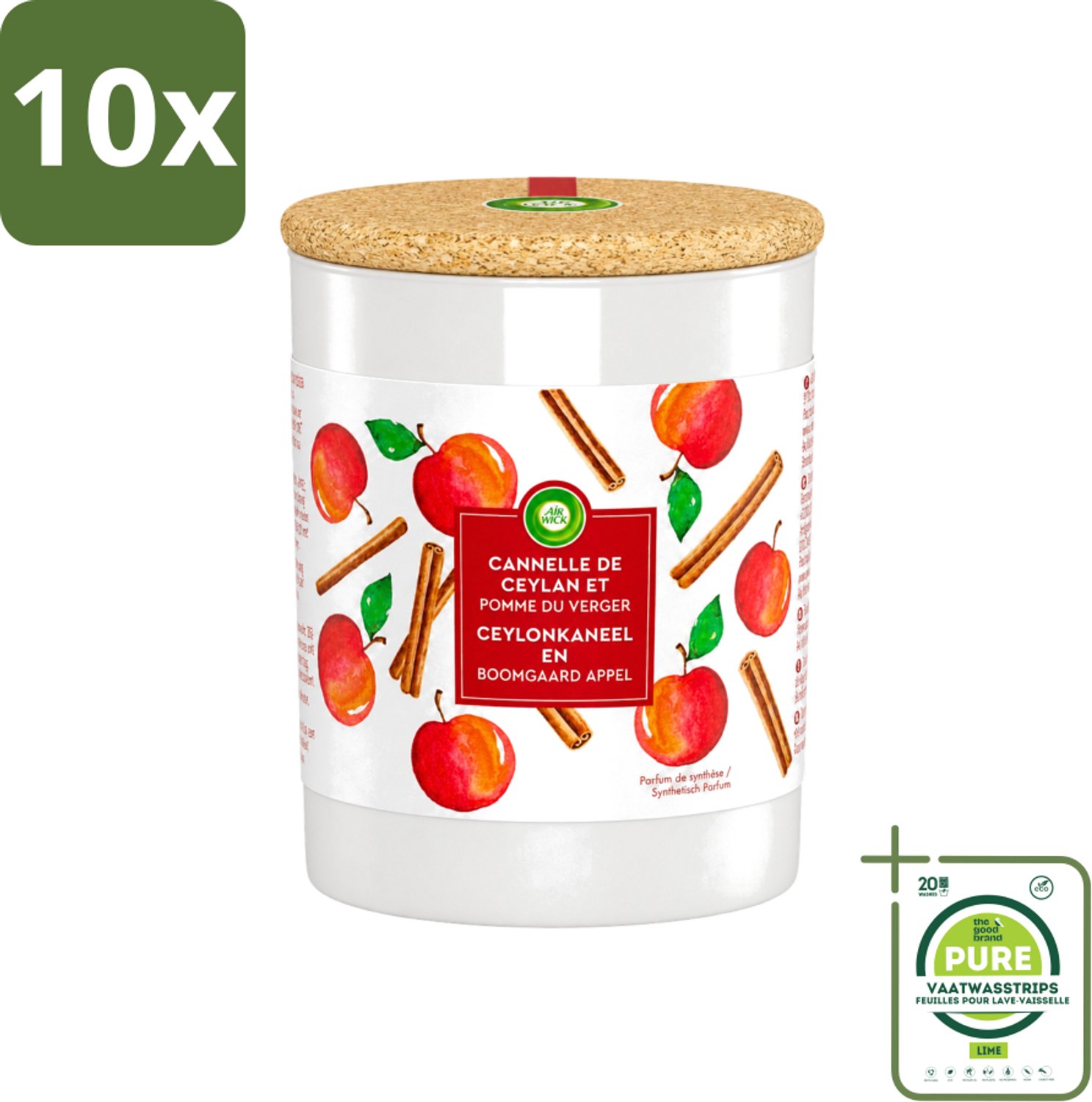 Air Wick 10 x Air Wick - Geurkaars - Kaneel & Boomgaard Appel - 35 Uur Brandduur - Grootverpakking - Vaatwasstrips - Geurkaars - Kaneel - Boomgaard Appel - Warme Geur - Frisse Geur Rood