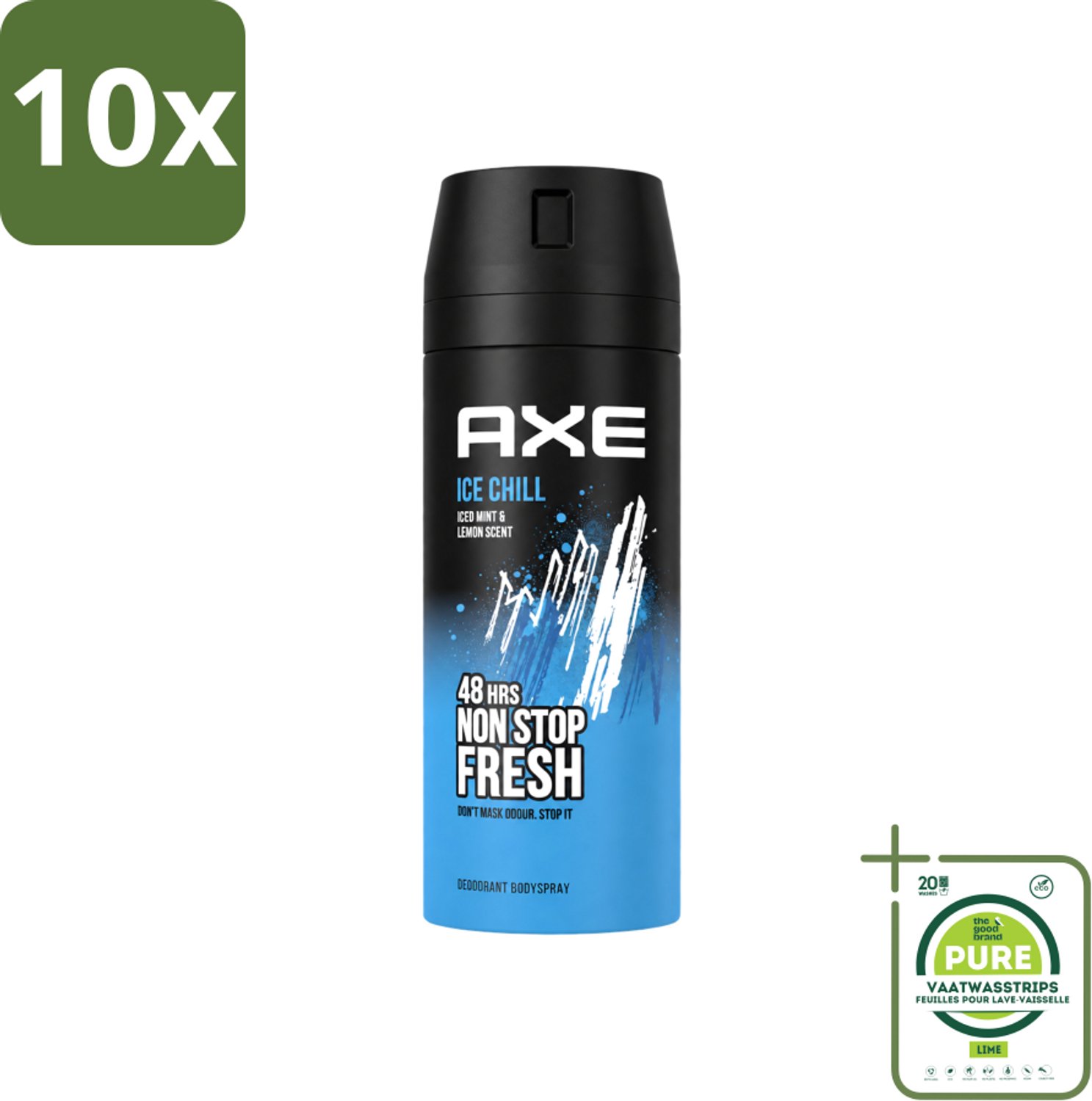 10 x Axe - Deodorant Bodyspray - 48hrs Fresh - Ice Chill - Iced Mint & Lemon - 150 ml - Grootverpakking - Vaatwasstrips - 48 Uur Bescherming - Lichaamsgeur - Deodorant - Frisheid - Bevroren Munt