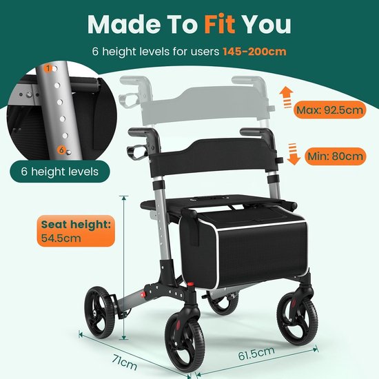 Rollator met 4 wielen met zitting en rugleuning, opvouwbaar, verstelbaar, licht, zilvergrijs — afbeelding 3