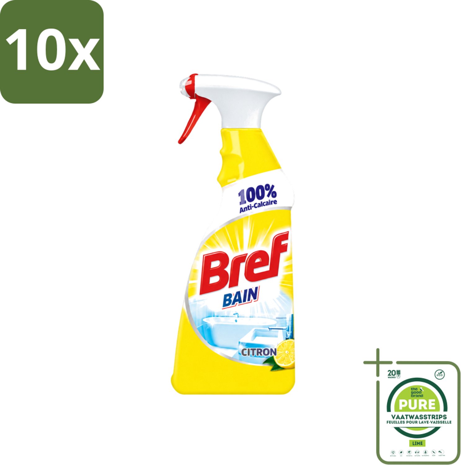 10 x Bref - Badkamerreiniger - Spray - Anti-Kalk - Citroen - 750 ml - Grootverpakking - Vaatwasstrips - Badkamer Reiniger - Kalkbestrijder - Zeep En Vuil Verwijderen - Citroenspray - Badkamer Reinigen