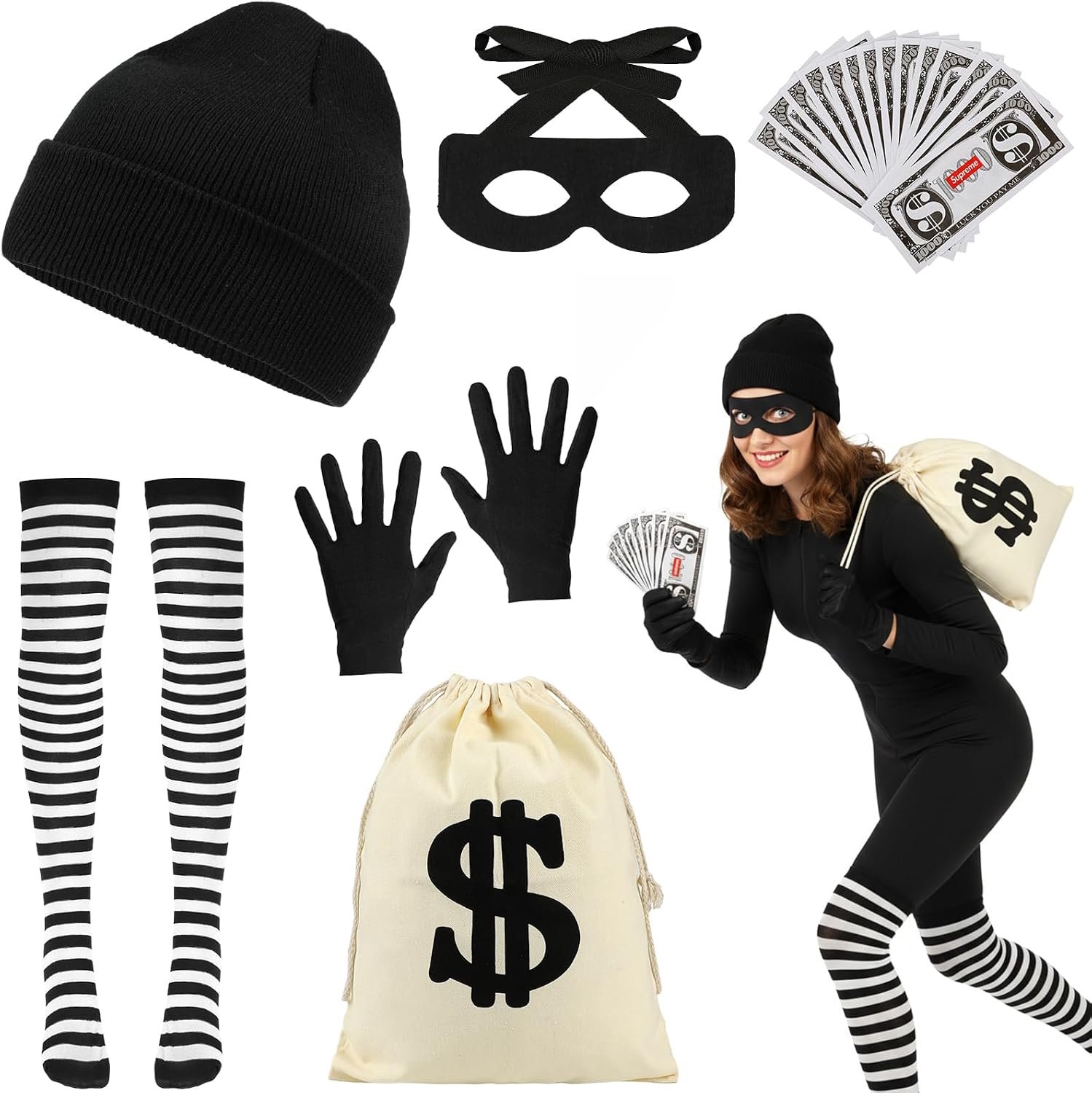 Bankroverskostuumset voor volwassenen, diefostuum set met strepen, beanie, masker, kniekousen, oogmasker, handschoenen, stoffen tas, bekleding voor Halloween, carnaval, cosplay