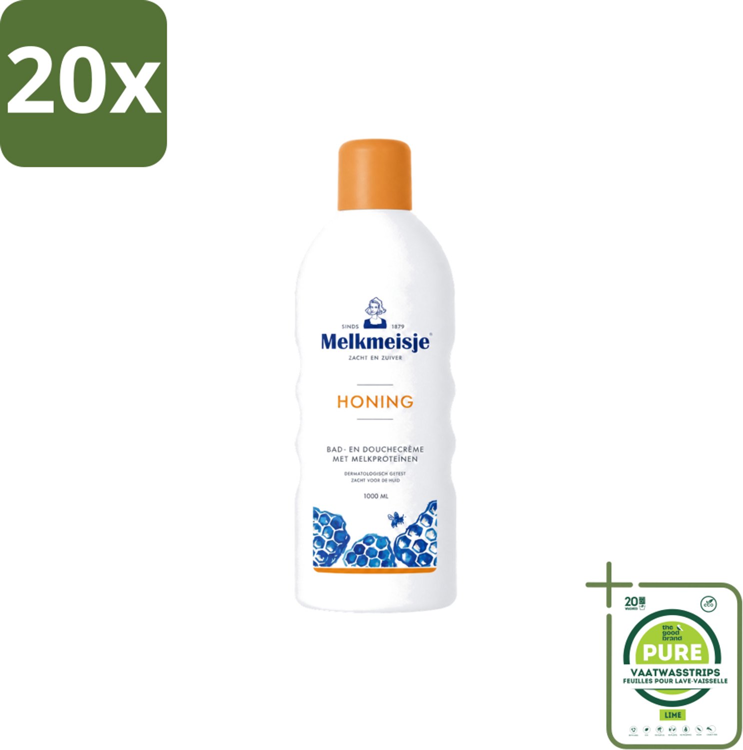 20 x Melkmeisje – Bad & Douche – Honing – 1000 ml - Grootverpakking - Vaatwasstrips - Bad En Douche Crème - Honing Crème - Natuurlijke Honing - Voedende Crème - Gezonde Huid