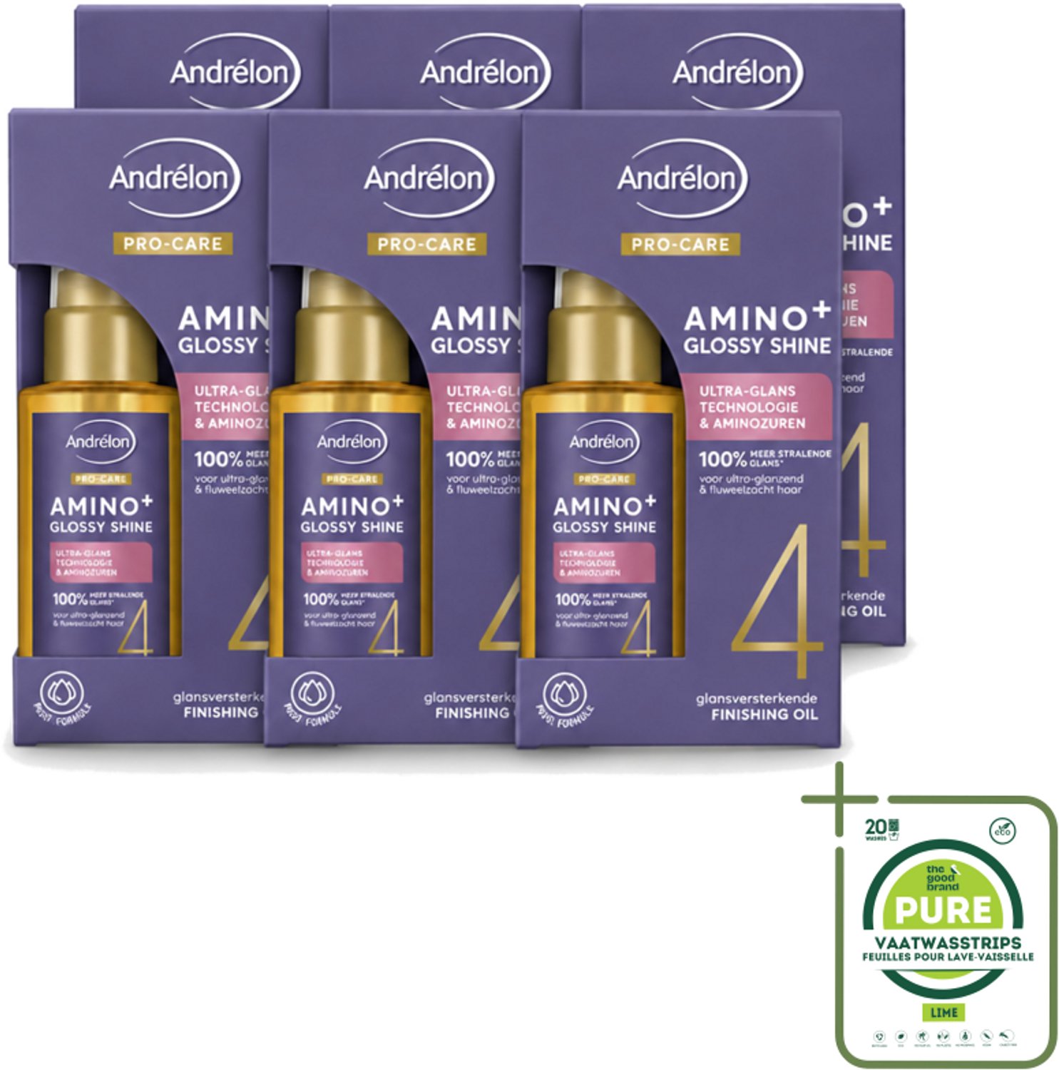 6 x Andrélon – Finishing Oil – Pro Care Amino+ Glossy Shine – 50 ml - Grootverpakking - Vaatwasstrips - Glans Haar - Pluisvrij Haar - Aminozuren Haar - Stralend Haar - Haarpunt Verzorging