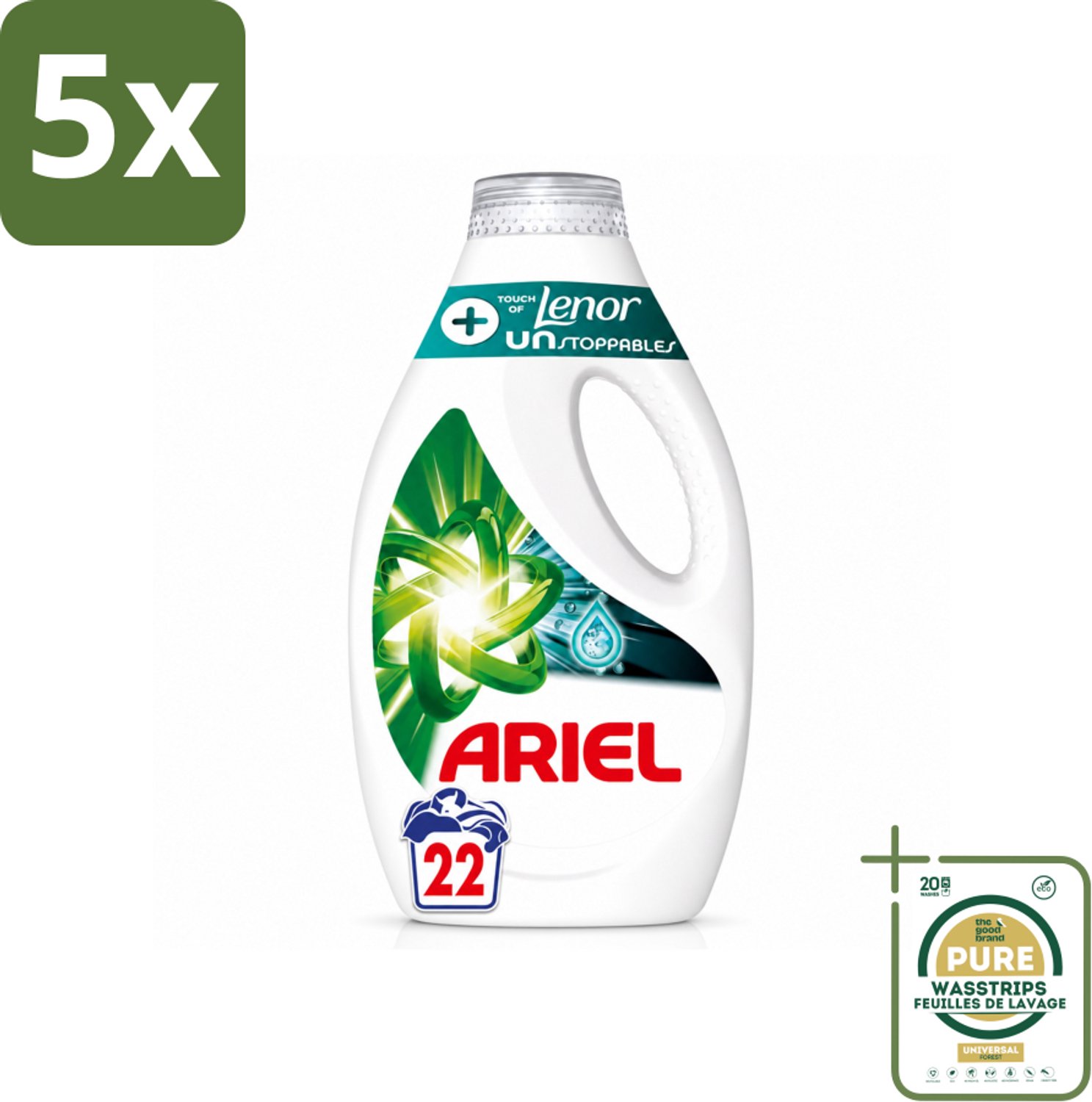 5 x Ariel – +Touch van Lenor Unstoppables – Vloeibaar Wasmiddel – 990 ml - Wasstrips - Vloeibaar Wasmiddel - Krachtige Reiniging - Frisheid - Vlekverwijdering - Kleding Reinigen