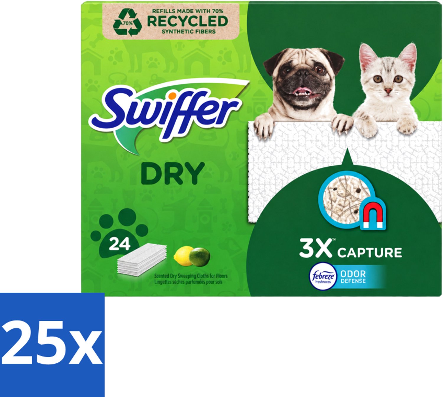 25 x Swiffer Dry - Vloerdoekjes - Navulling - Febreze Citroengeur - 24 Doekjes - Voordeelverpakking - 25 stuks