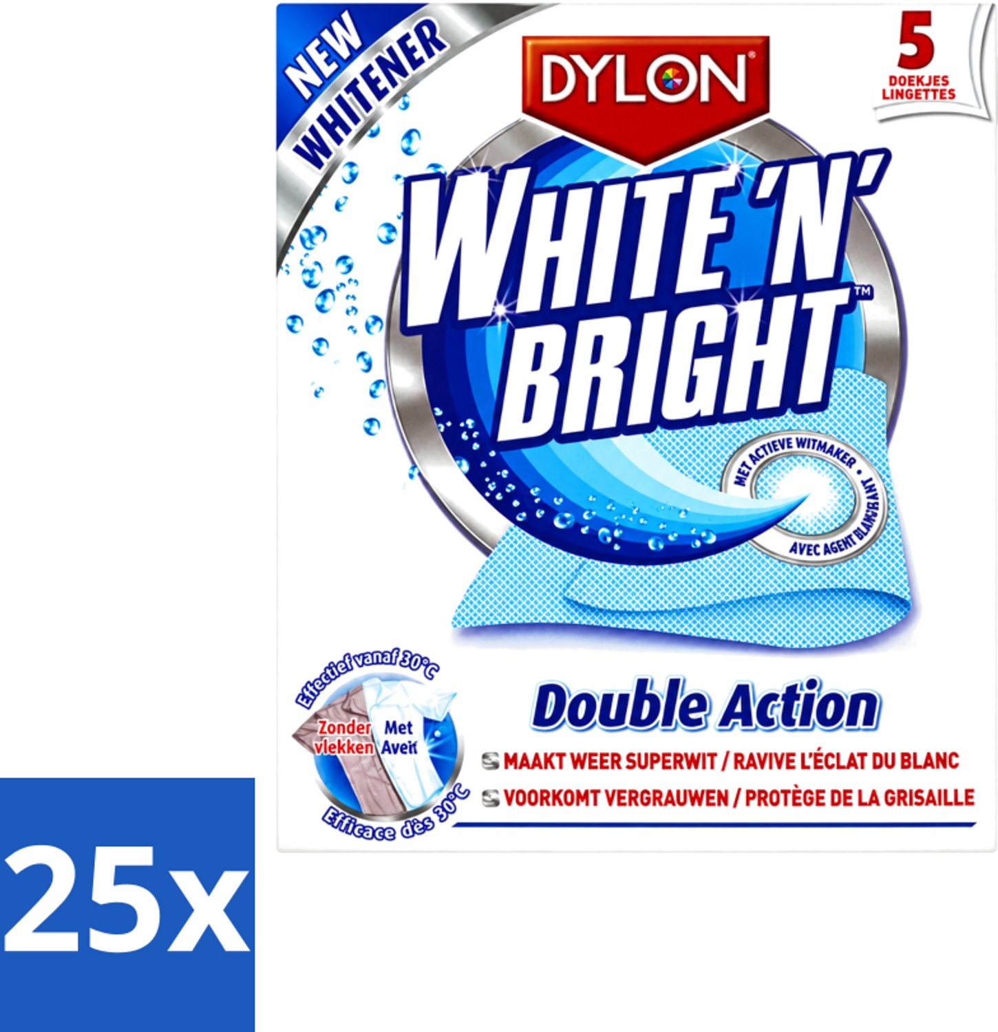 25 x Dylon - Vlekverwijderaar - White & Bright - Superwit & Vlekkeloos - 5 Doekjes - Voordeelverpakking - 25 stuks