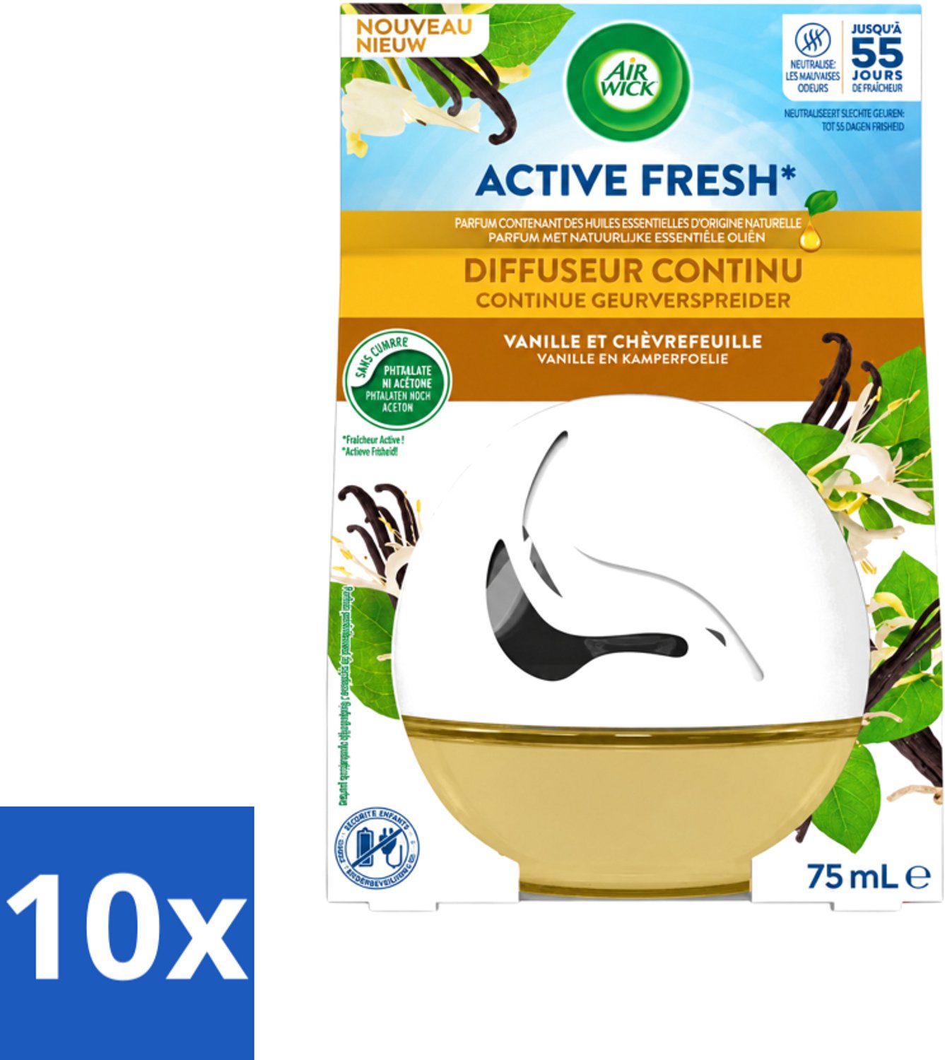 10 x Air Wick Decosphere - Luchtverfrisser - Vanille & Kamperfoelie - 75ml - Voordeelverpakking - 10 stuks