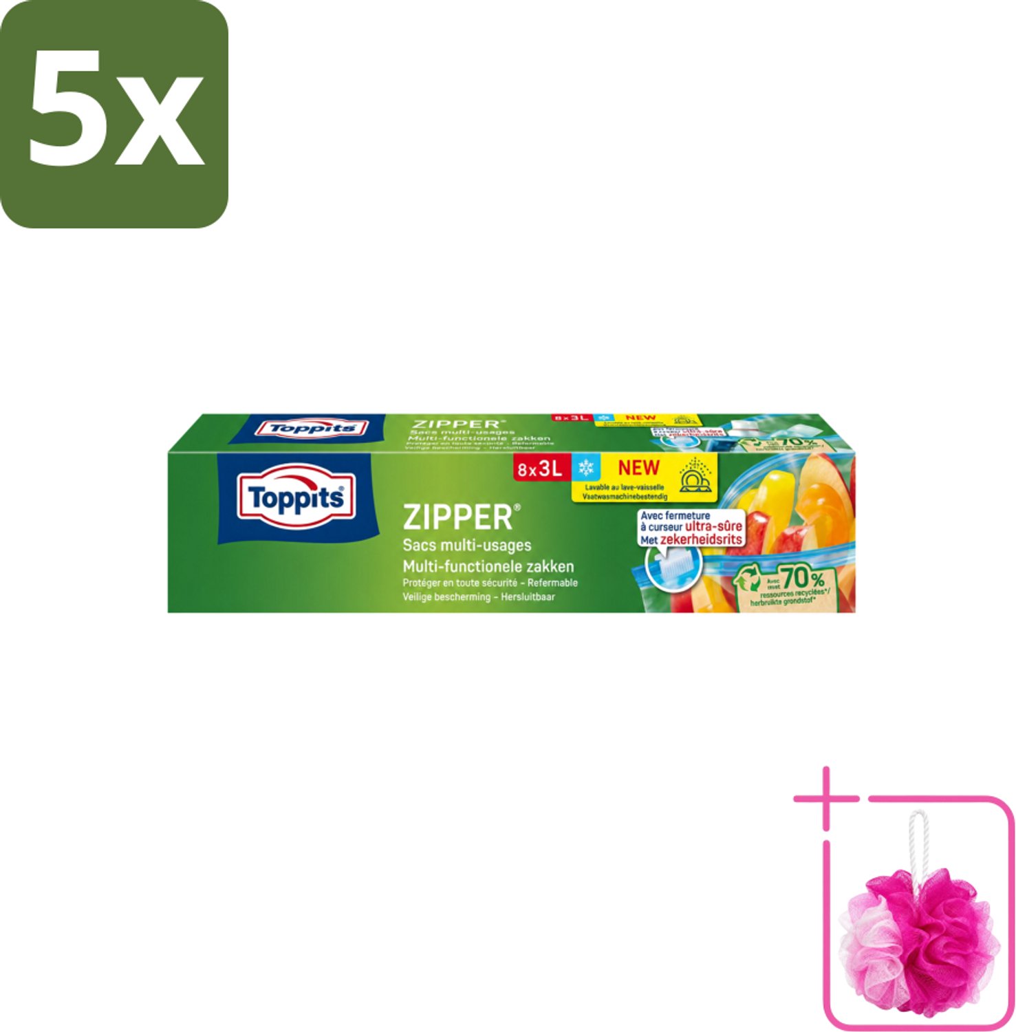 5 x Toppits – Zipper Multifunctionele Zakken – 3 Liter – 8 Zakjes - Bulkverpakking - Zipper zakken - Douchemop - Lekvrij
