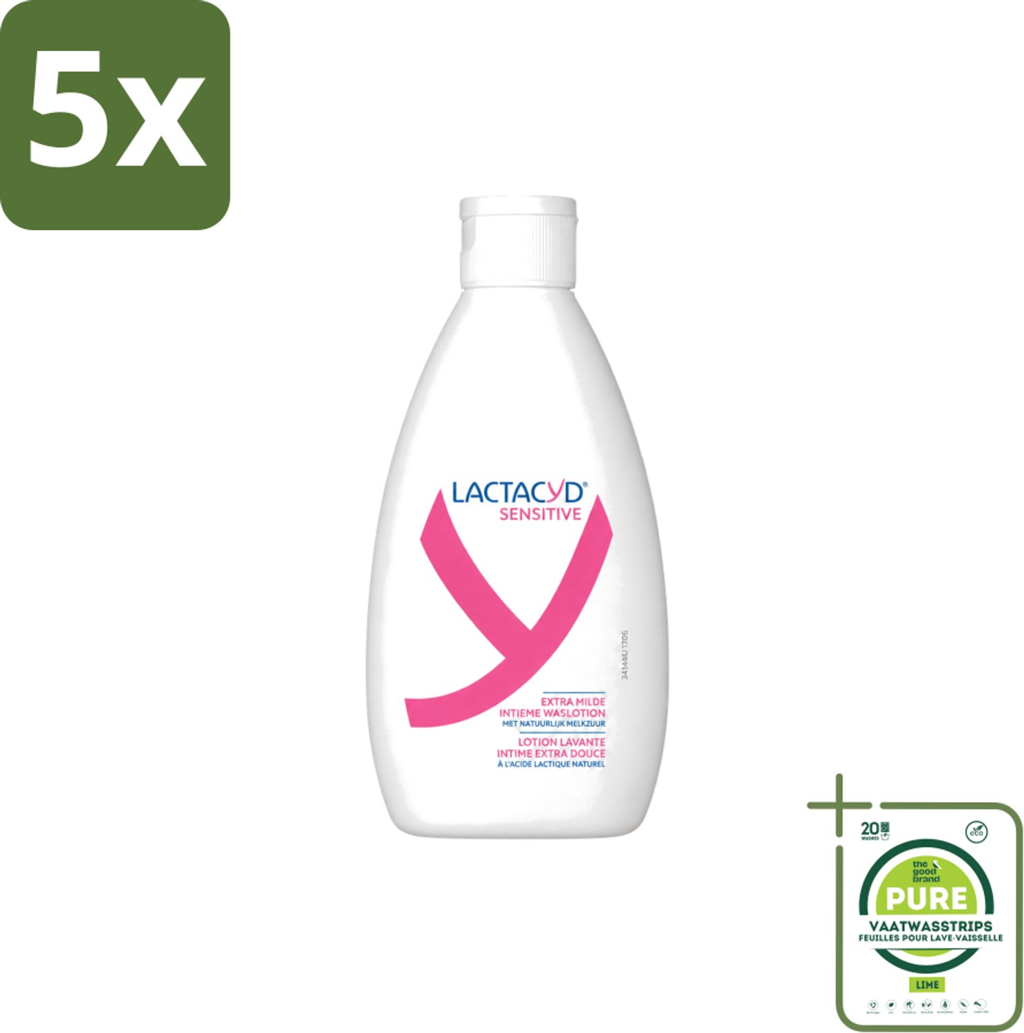 5 x Lactacyd Sensitive - Intieme Waslotion - Extra Gevoelig - Met Natuurlijk Melkzuur - 300 ml - Grootverpakking - Vaatwasstrips - Intieme Waslotion - Gevoelige Huid - Melkzuur - Katoenextract - Extra Milde Waslotion