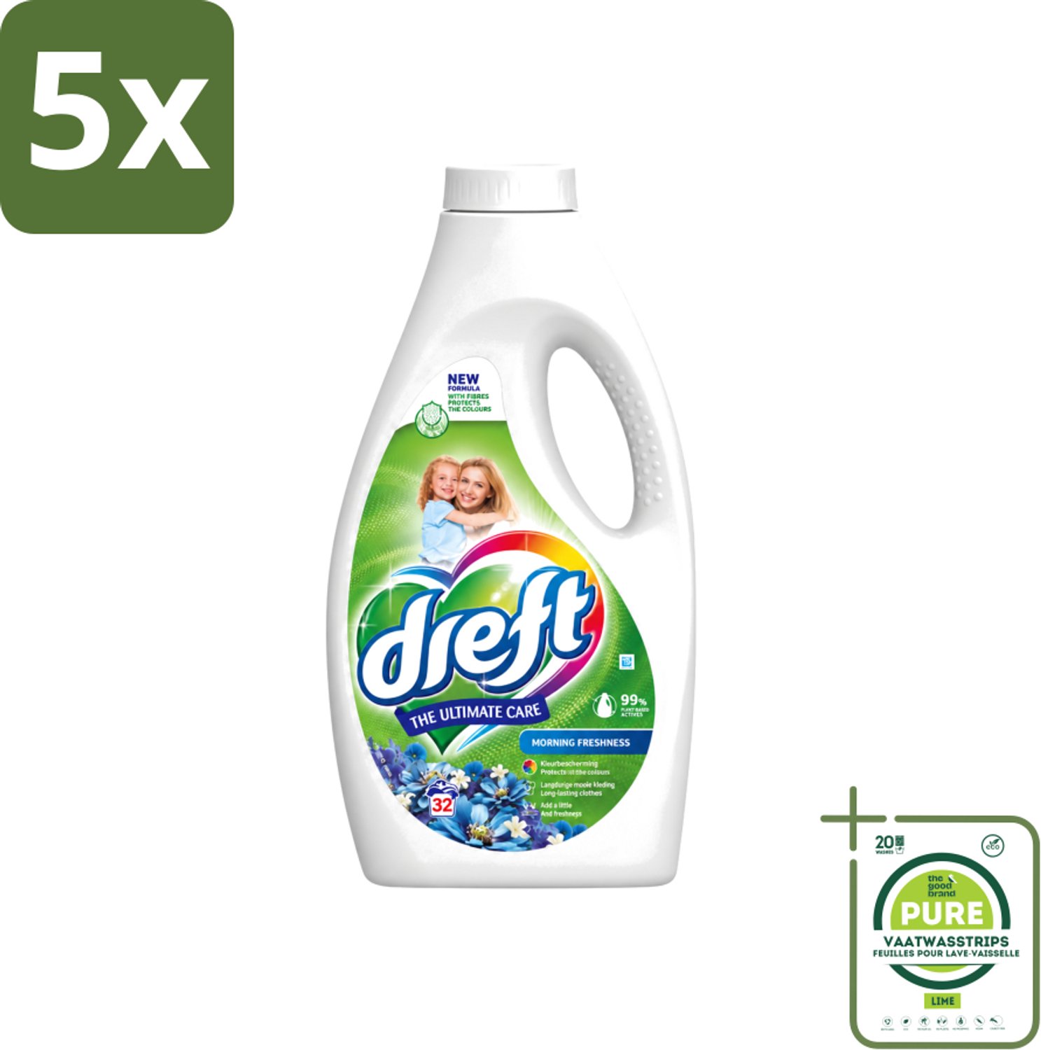 5 x Dreft - Ultimate Care - Vloeibaar Wasmiddel - Gekleurde Was - Ochtendfris - 32 Wasbeurten - Grootverpakking - Vaatwasstrips - Gekleurde Was - Ochtendfris - Wasmiddel - Wasbeurt - Kleurbescherming