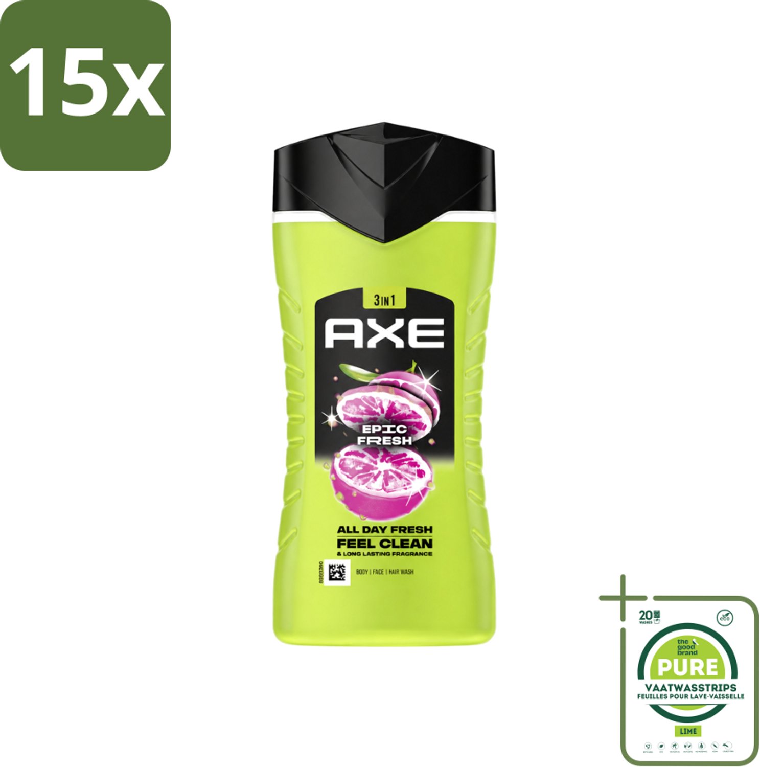 15 x Axe - 3-in-1 Douchegel - Epic Fresh - Grapefruit & Tropical Pineapple - Fresh Boost - 250 ml - Grootverpakking - Vaatwasstrips - Douchegel - Frisheid - Geur - Lichaam - Gezicht