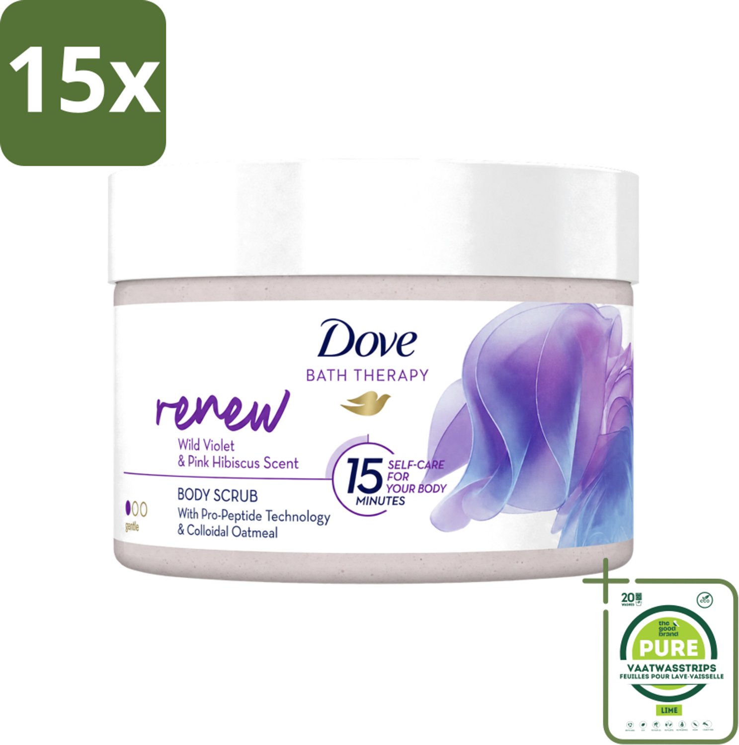 15 x Dove Bath Therapy Renew - Bodyscrub - Wilde Viooltjes & Roze Hibiscus - 295 ml - Grootverpakking - Vaatwasstrips - Huidvernieuwing - Huidscrub - Exfoliatie - Zachte Huid - Huidverzorging