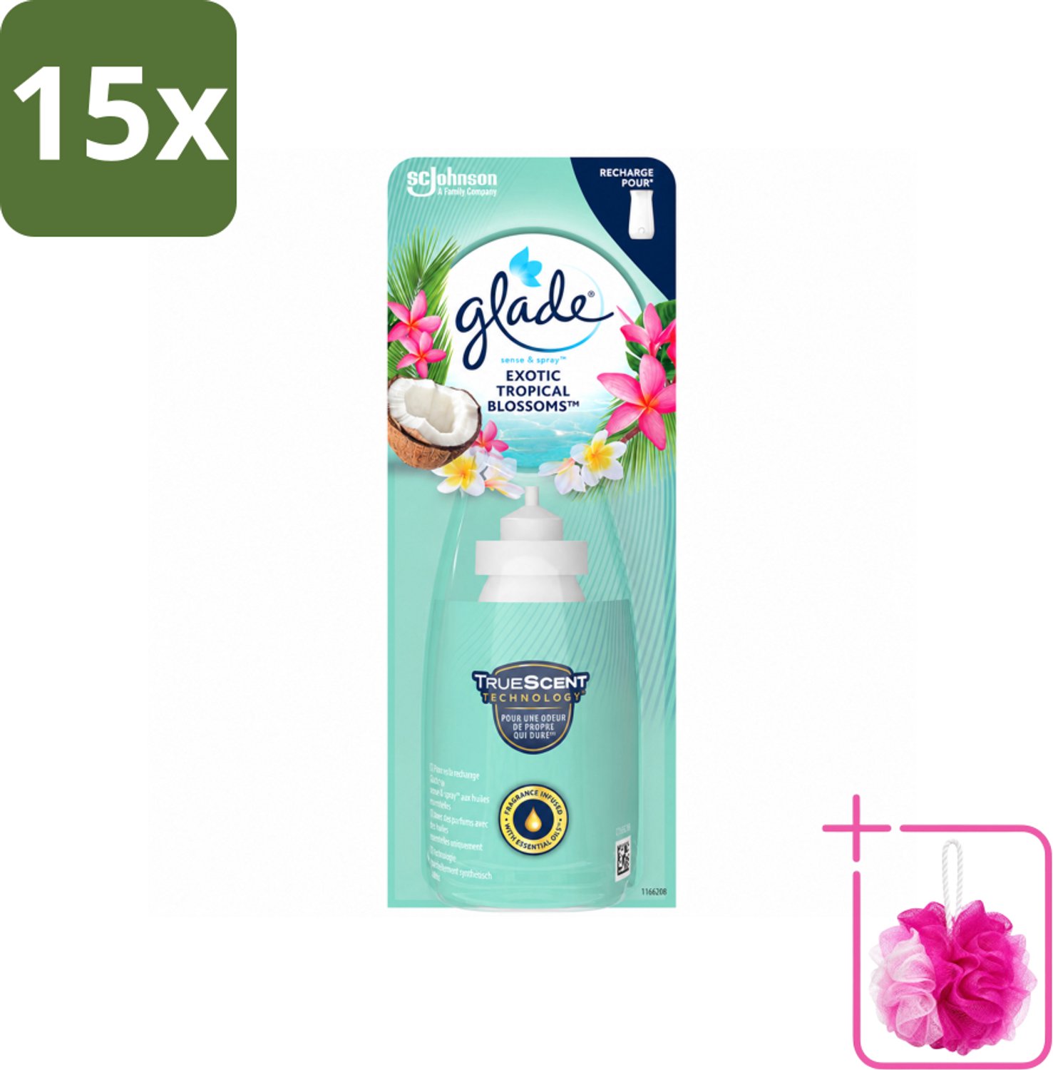 15 x Glade – Sense & Spray Navulling – Exotic Tropical Blossoms – 18 ml - Bulkverpakking - Tropische geur - Douchemop - Bewegingssensor